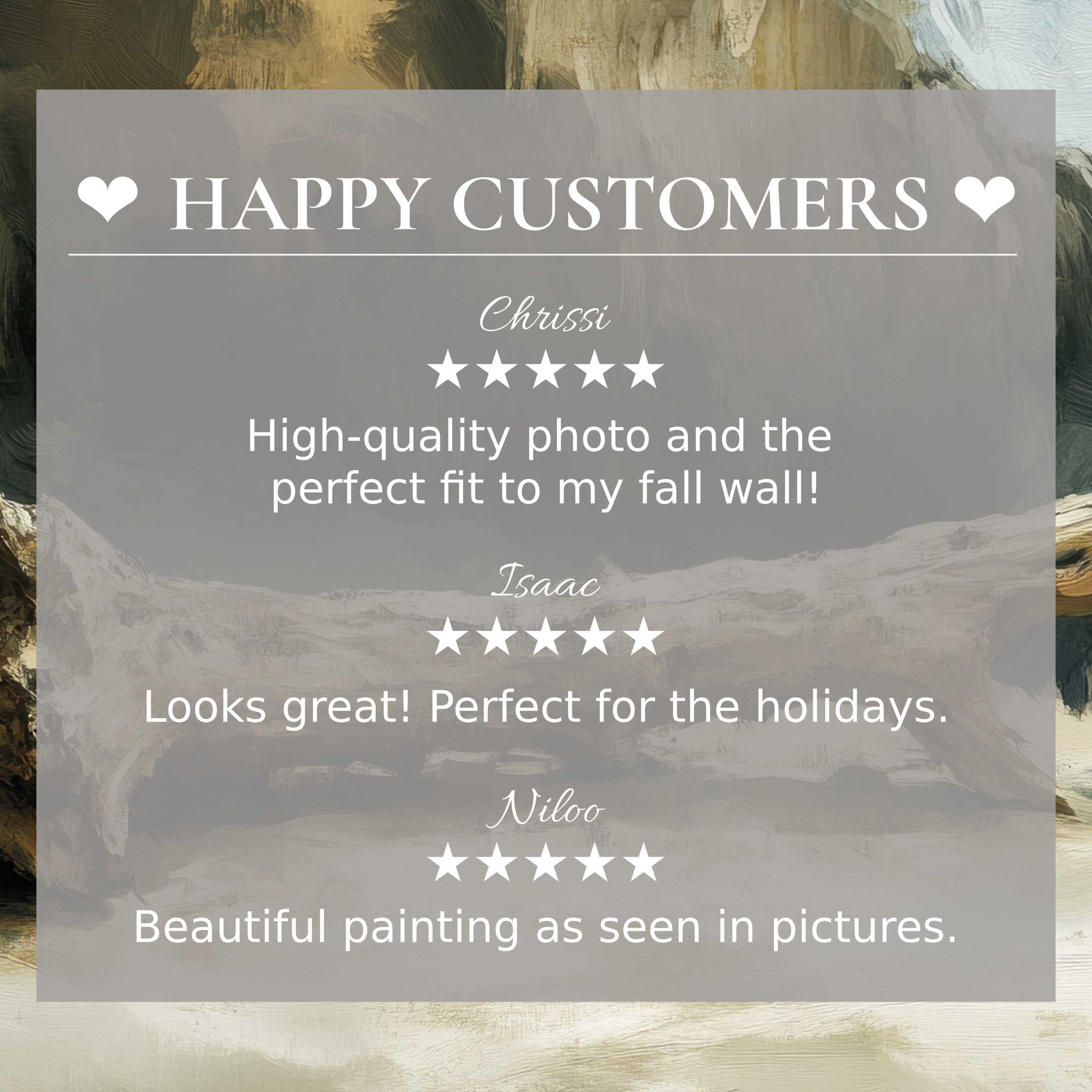 Coastal art for Frame TV with abstract driftwood tones, showcasing happy customer reviews and elegant design trust