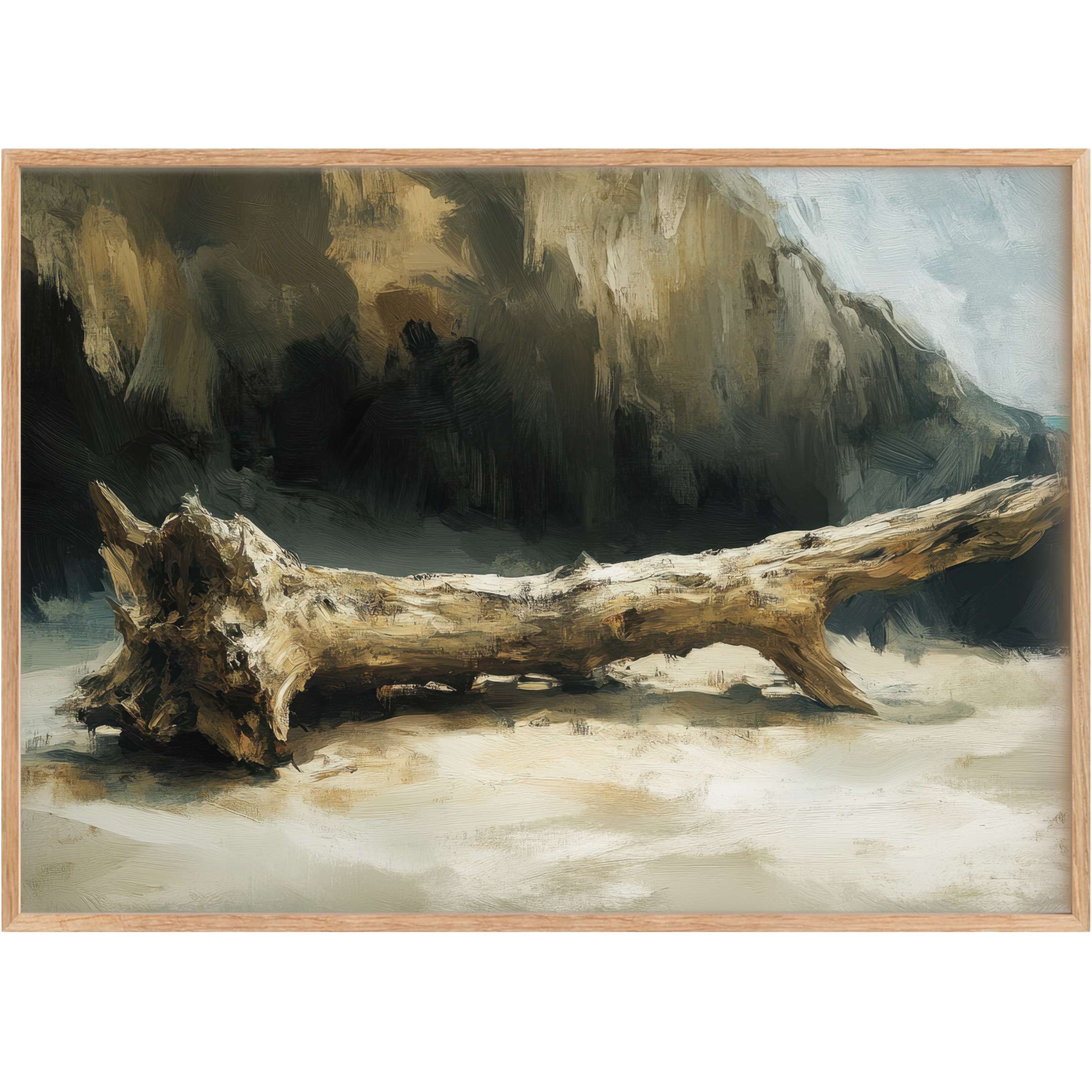 Coastal printable wall art featuring weathered driftwood and rugged cliffs in warm earth tones, evoking a serene, contemplative mood