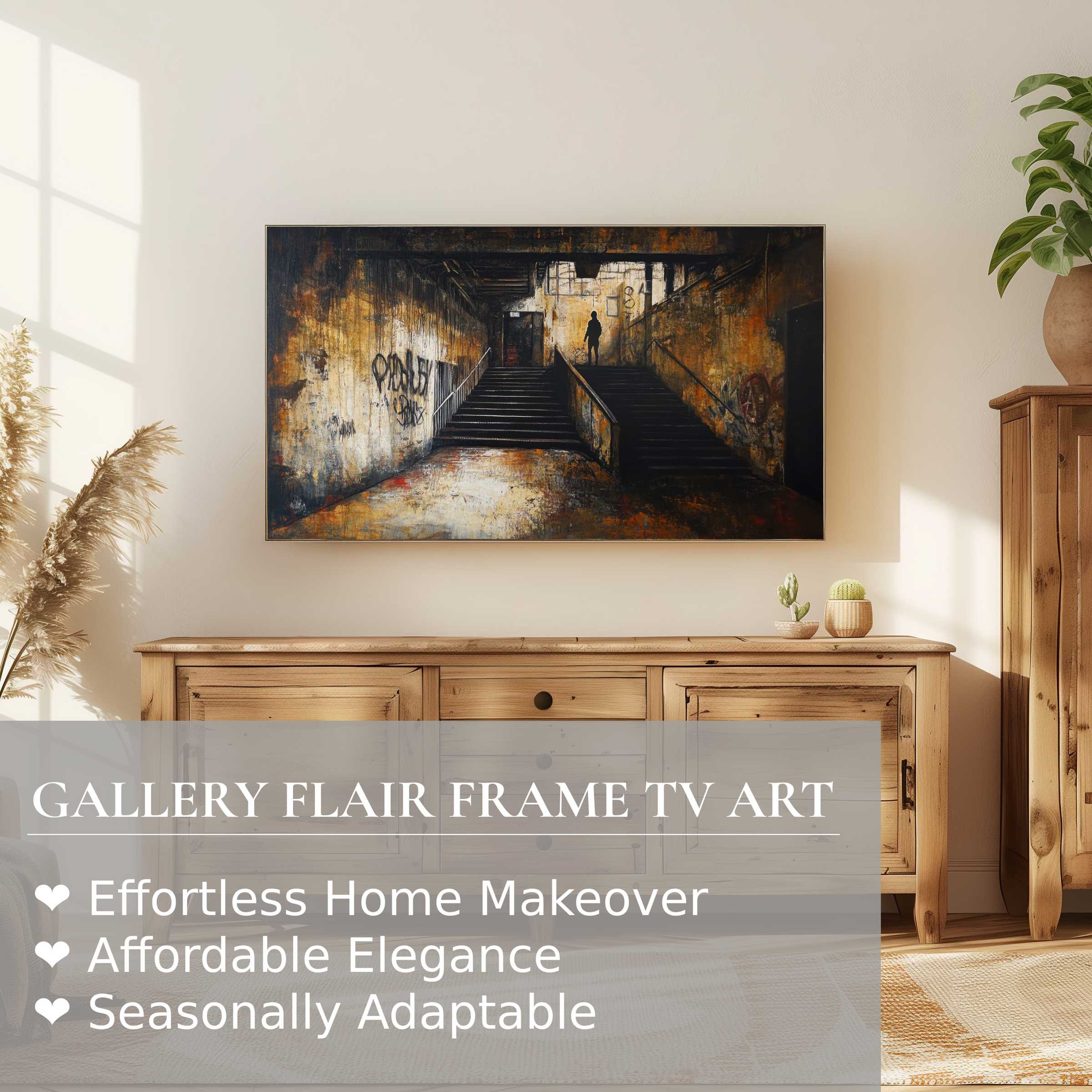 Samsung Frame TV showcases moody street art digital artwork in a sleek, modern living space with warm rustic accents