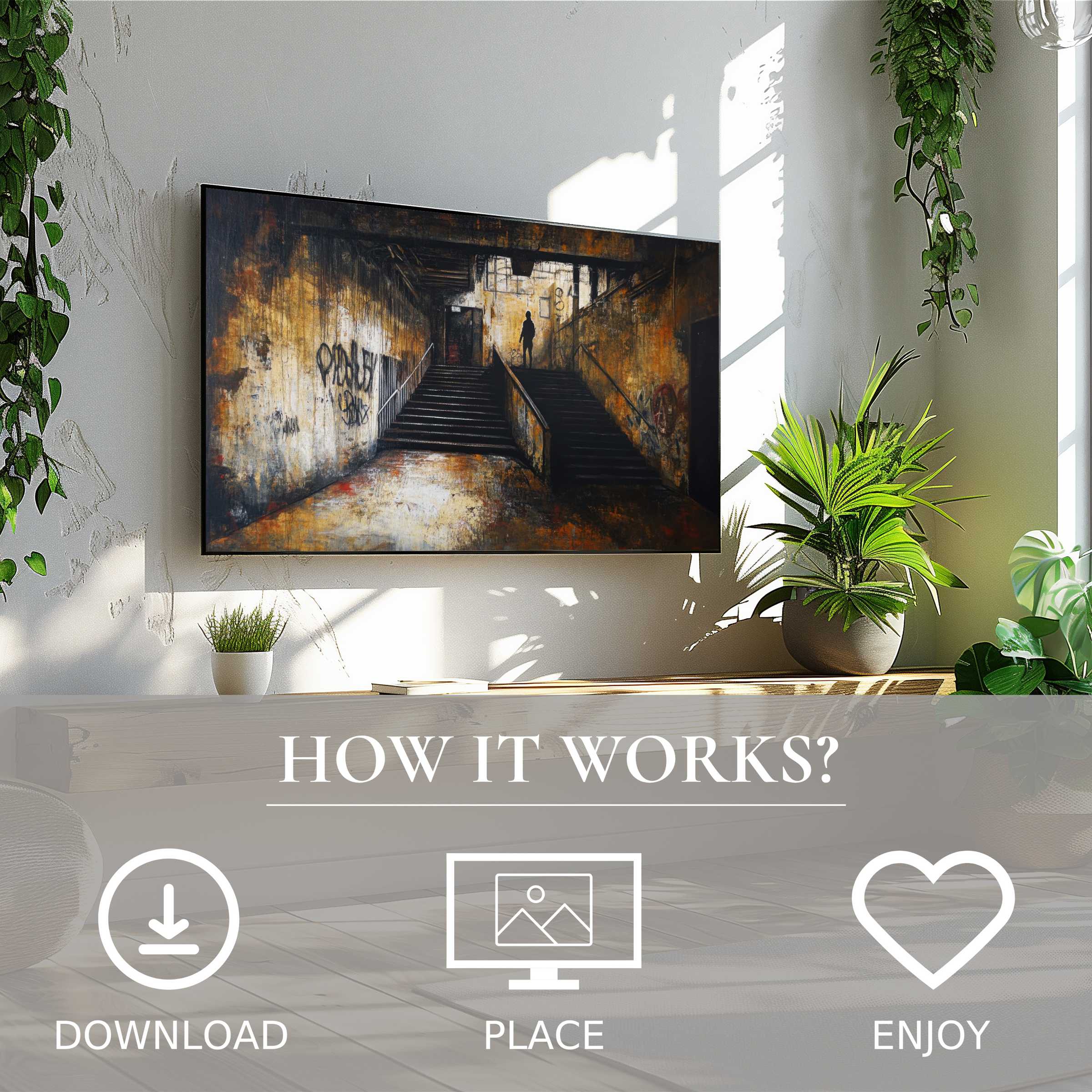 Street art for Samsung TV with moody staircase motif, easy digital download enriches modern living spaces effortlessly