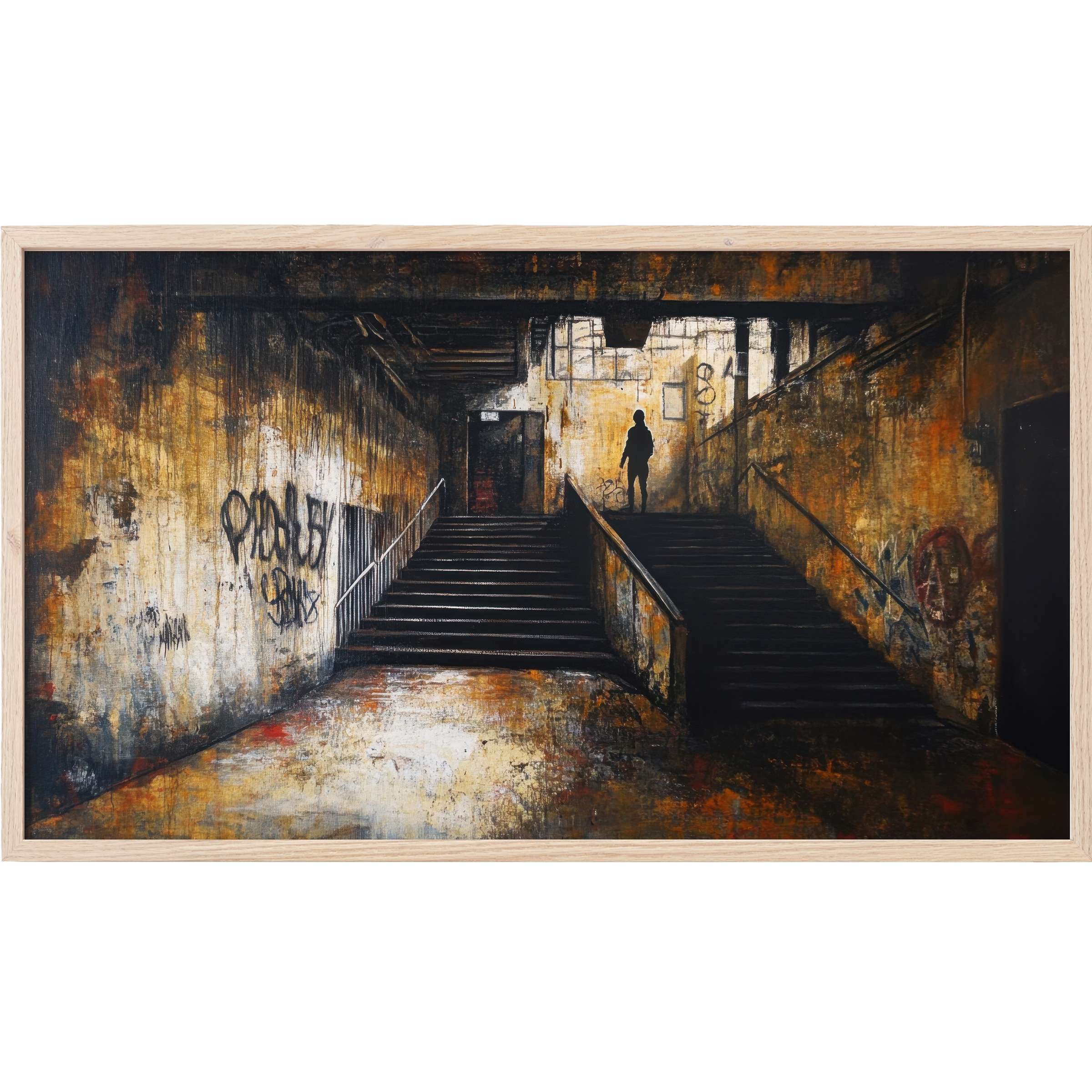 Moody urban stairwell in warm ochres and deep shadows with a solitary figure, street art Frame TV Art