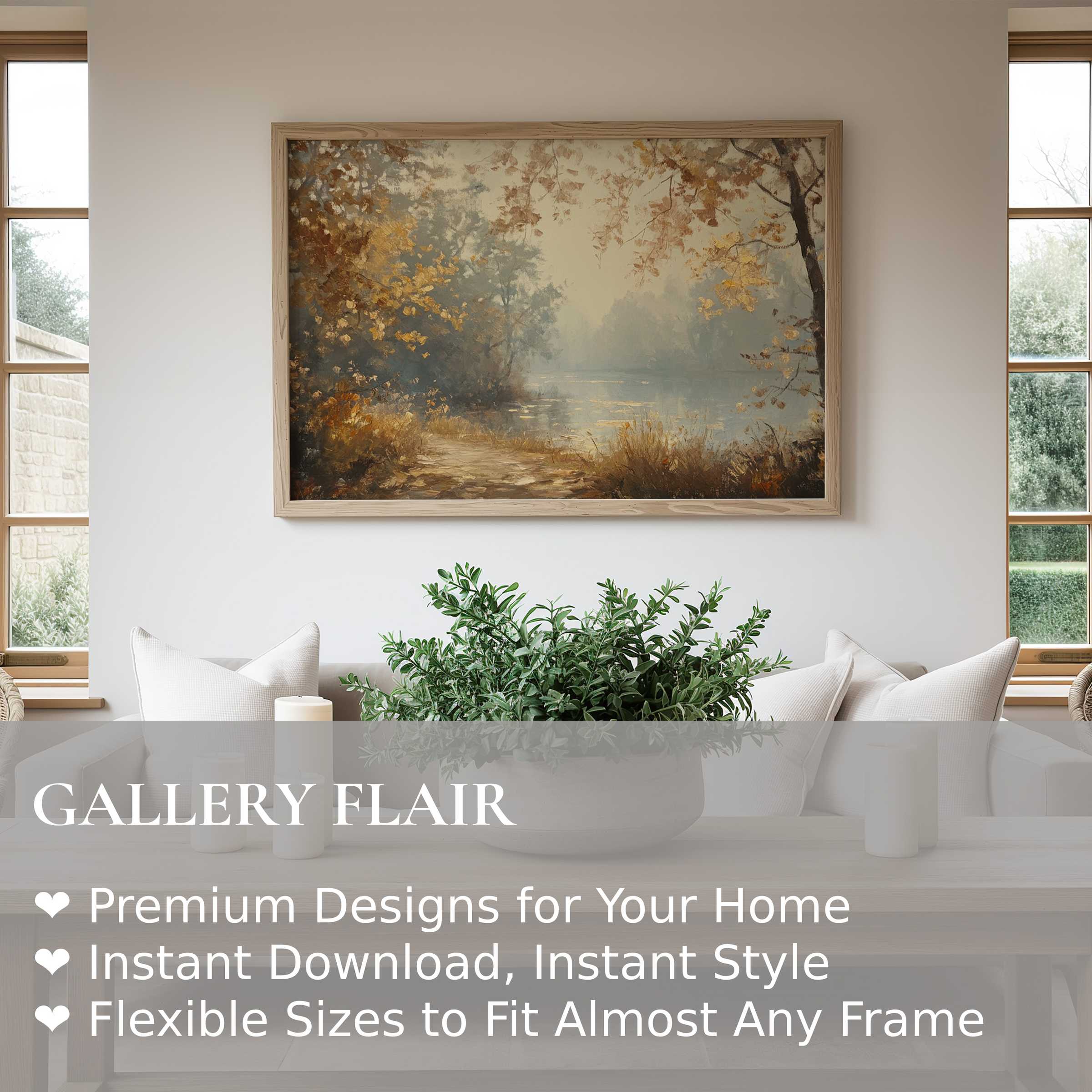 Radiant fall wall art print capturing serene autumn foliage and misty lakeside, enhancing modern farmhouse interiors with warm, calming elegance