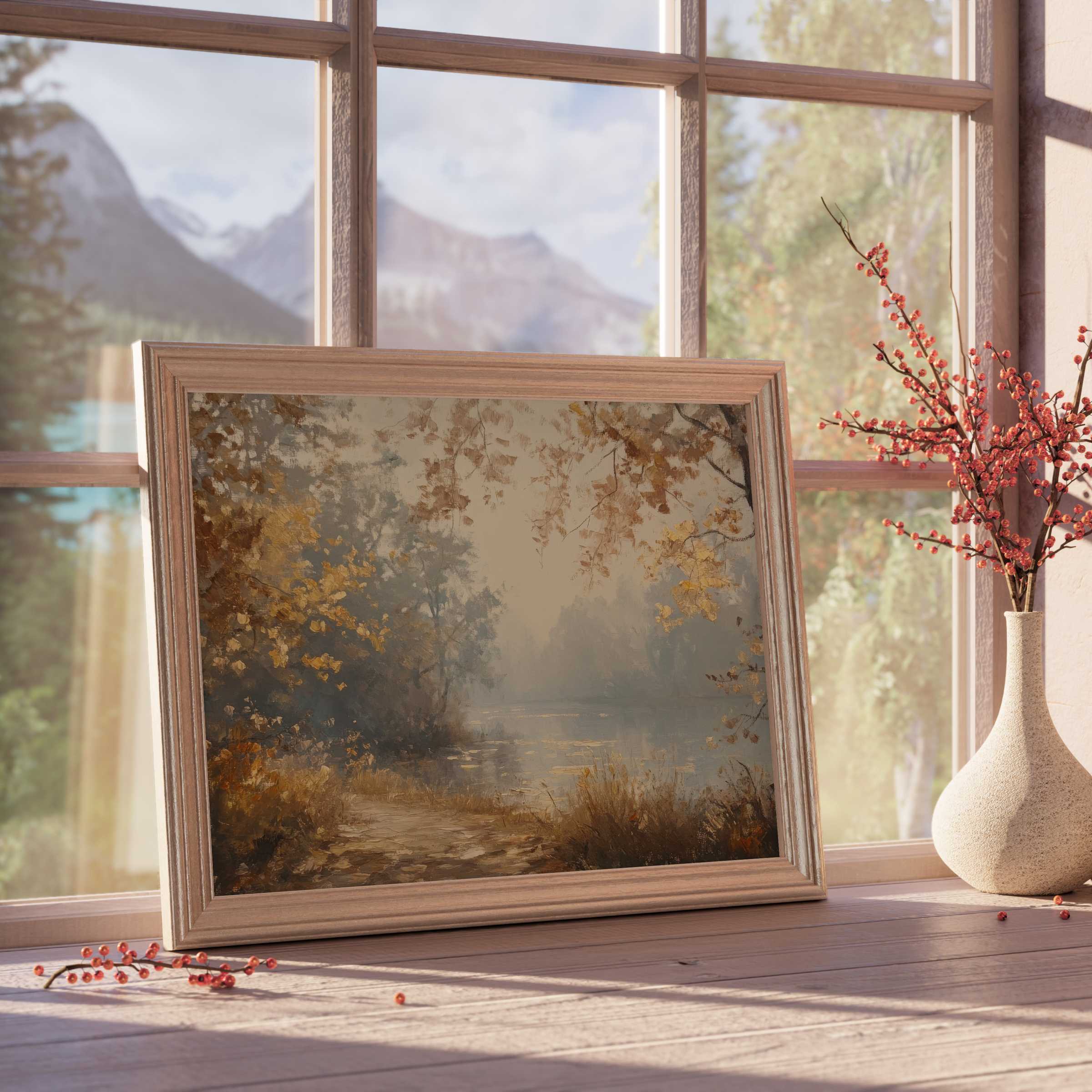 Fall downloadable art captures serene woodland hues and misty textures, perfect for elevating elegant, tranquil interiors with warm, natural charm