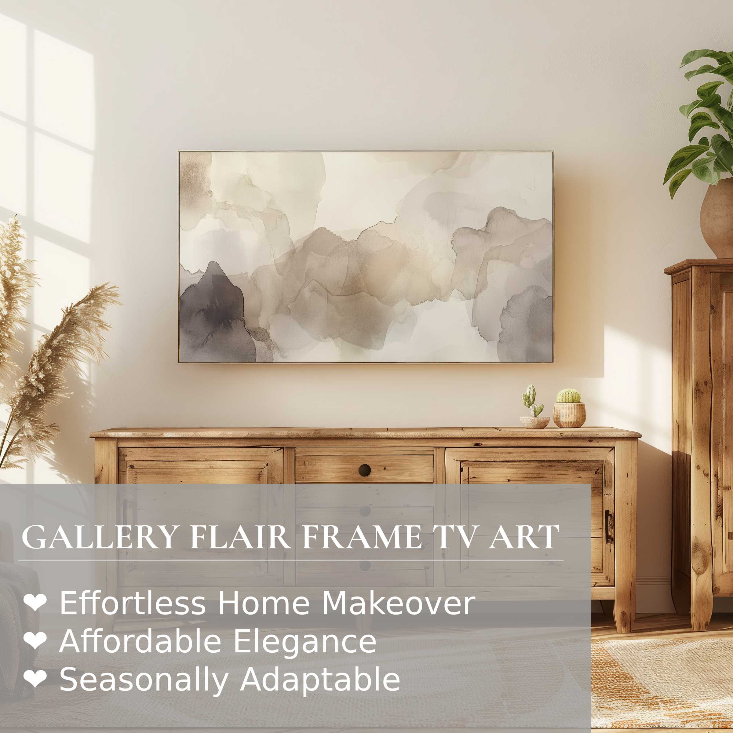 Samsung Frame TV displaying neutral digital artwork in soft tones, enhancing modern, elegant home decor