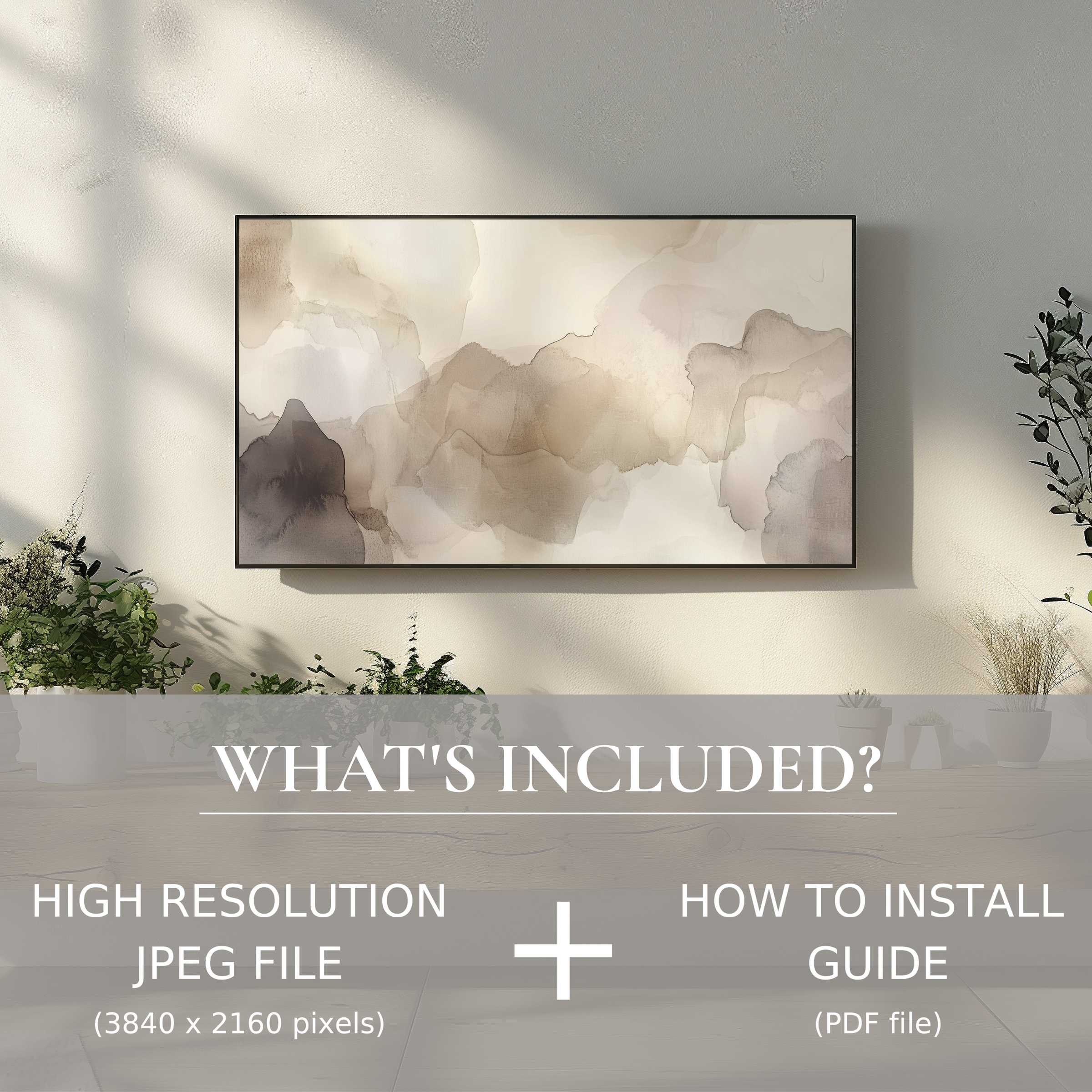 Elegant living room featuring a neutral digital TV art download that elevates decor with effortless digital use