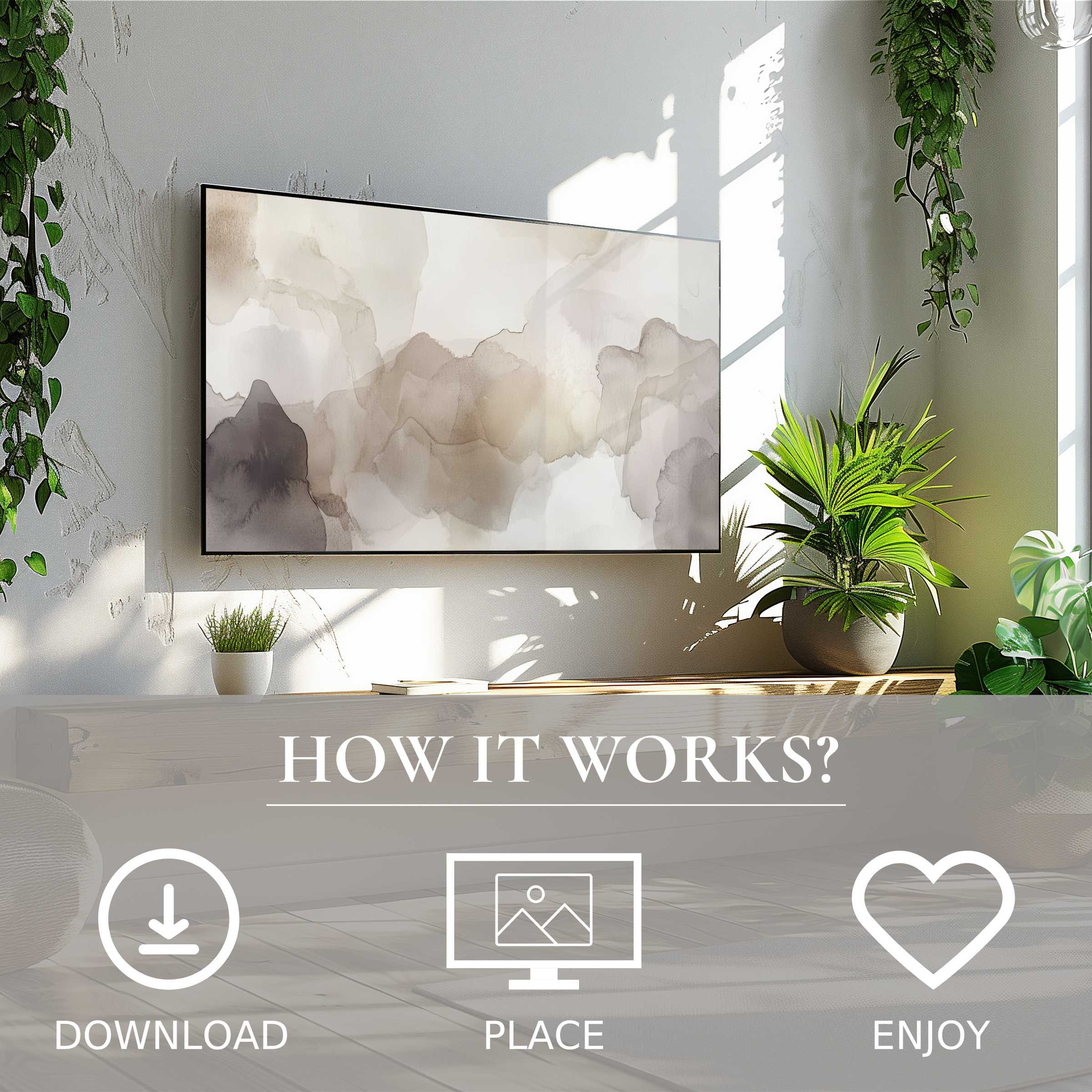 Neutral art for Samsung TV with soft color flow motif, easy digital download enriching bright, plant-filled modern living spaces