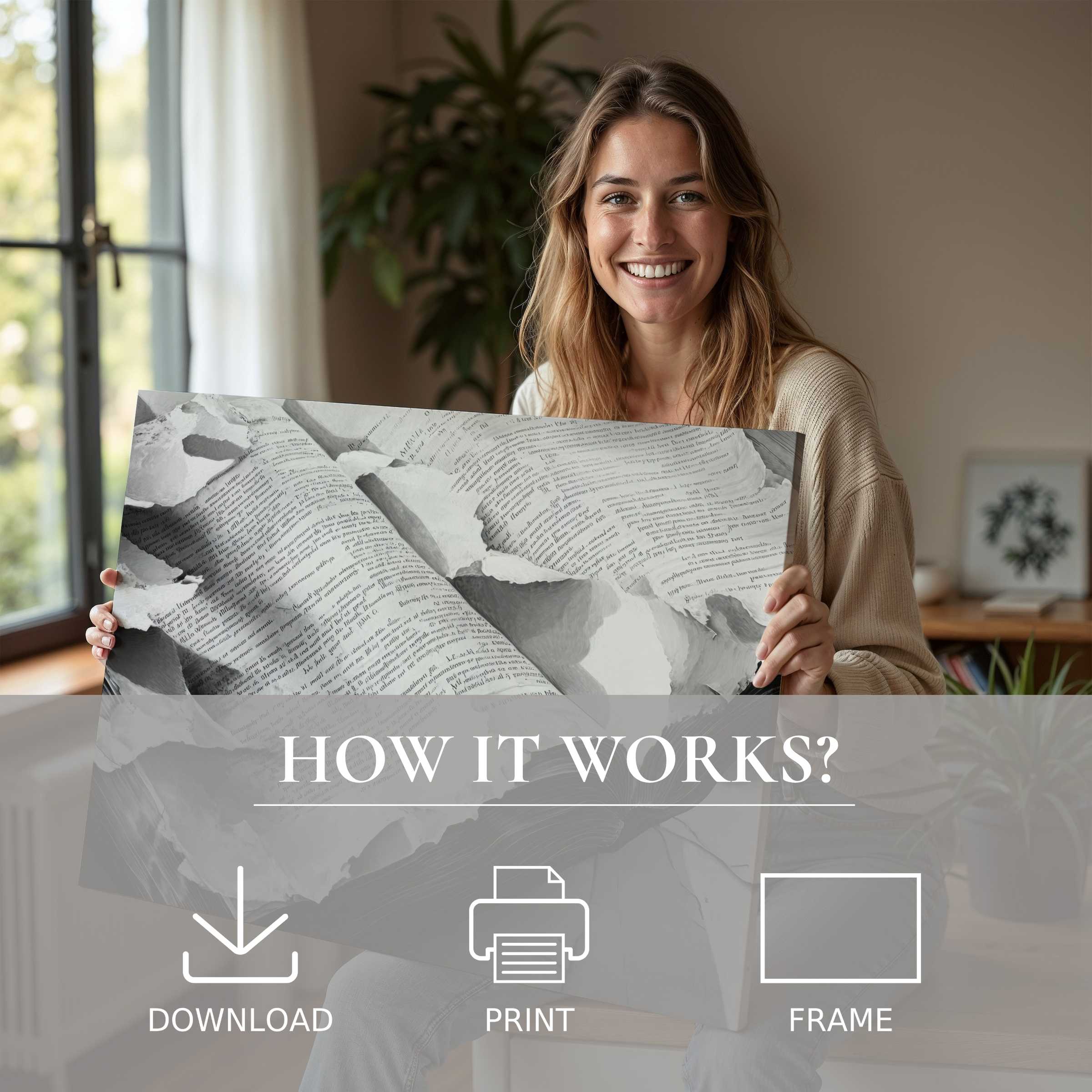 Bright, joyful moment of a woman sharing elegant black and white digital art print, enhancing her stylish modern home