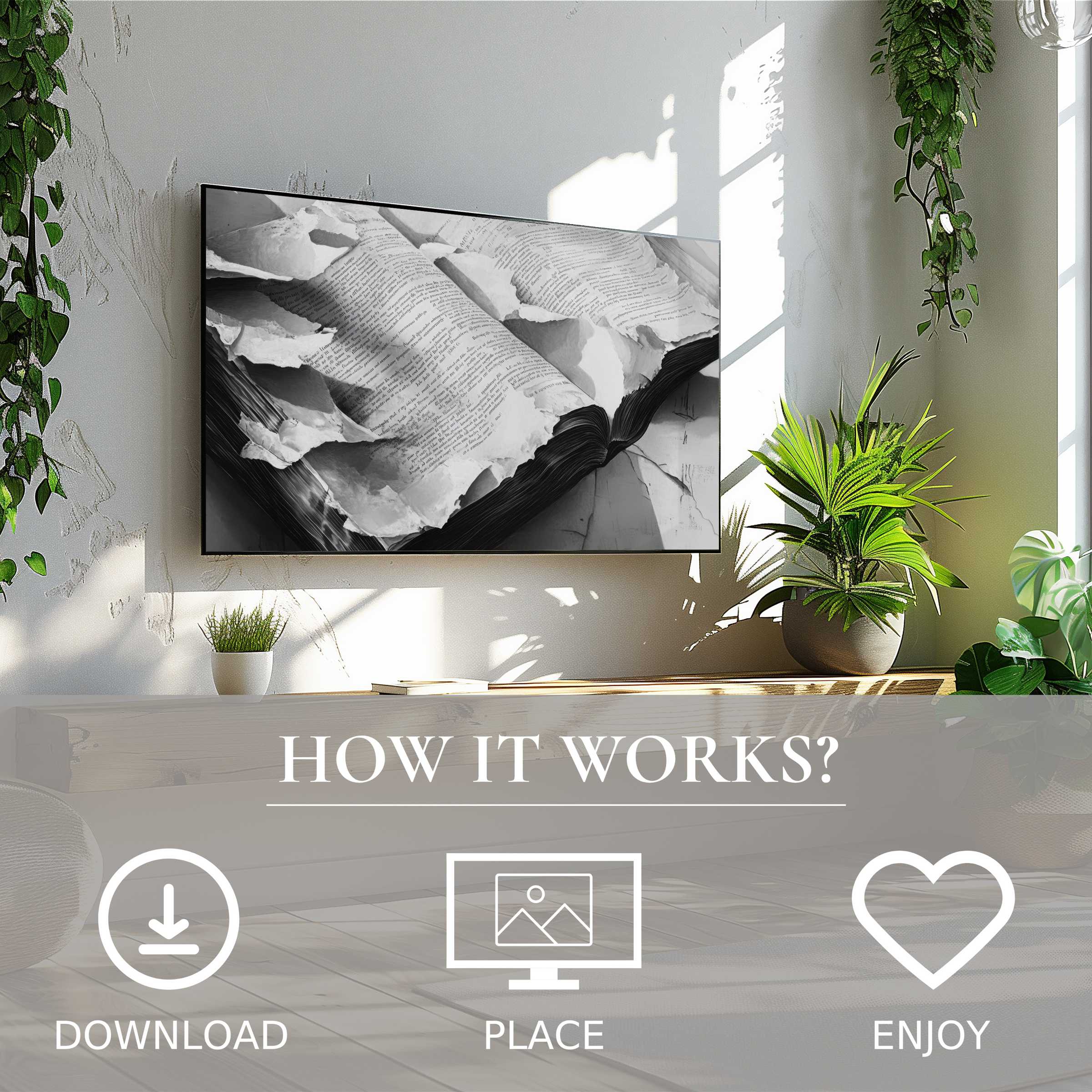 Modern living room with black and white art for Samsung TV; abstract torn book pages, easy digital download