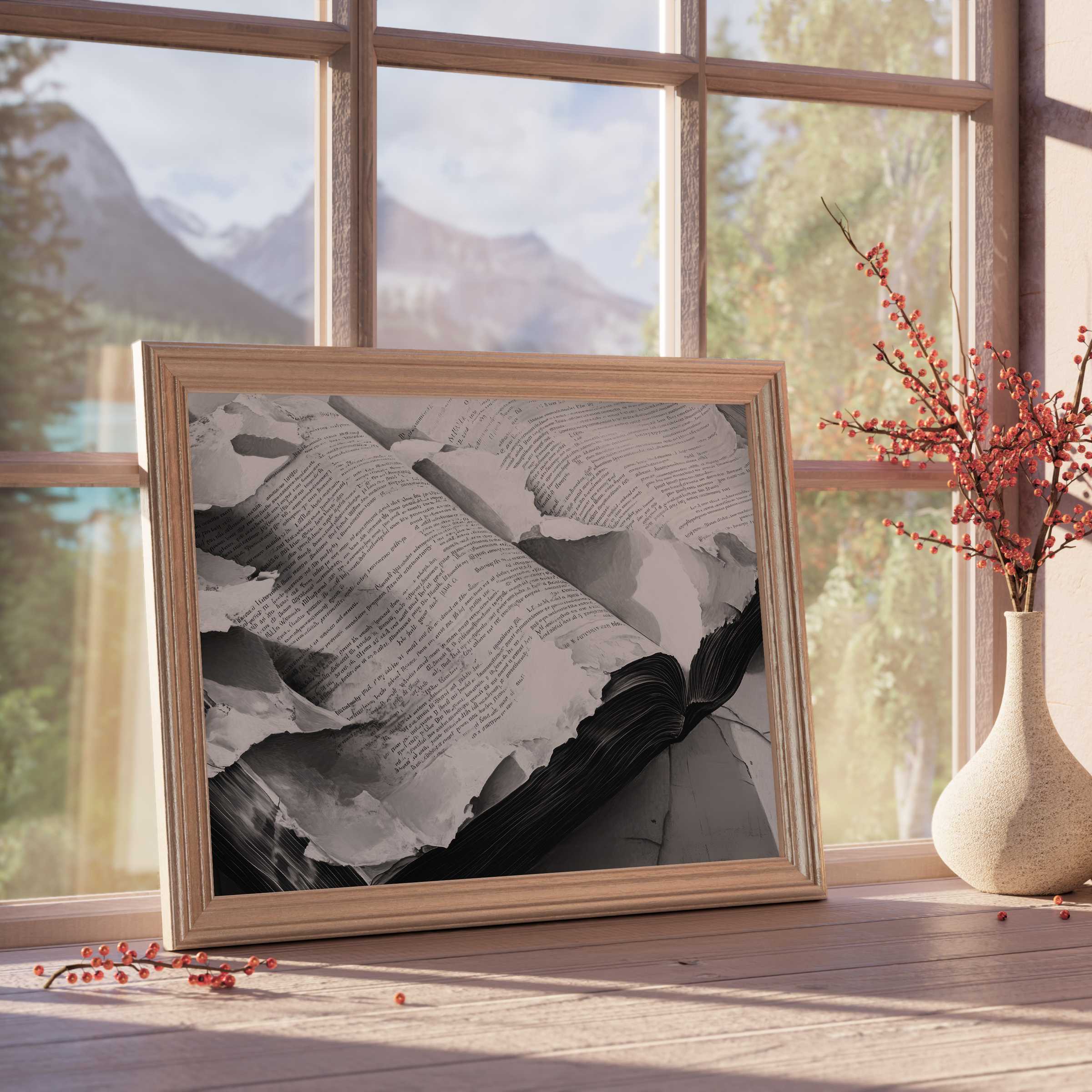 Black and white downloadable art of textured vintage pages evokes timeless calm, enriching curated, tranquil interiors with refined literary charm