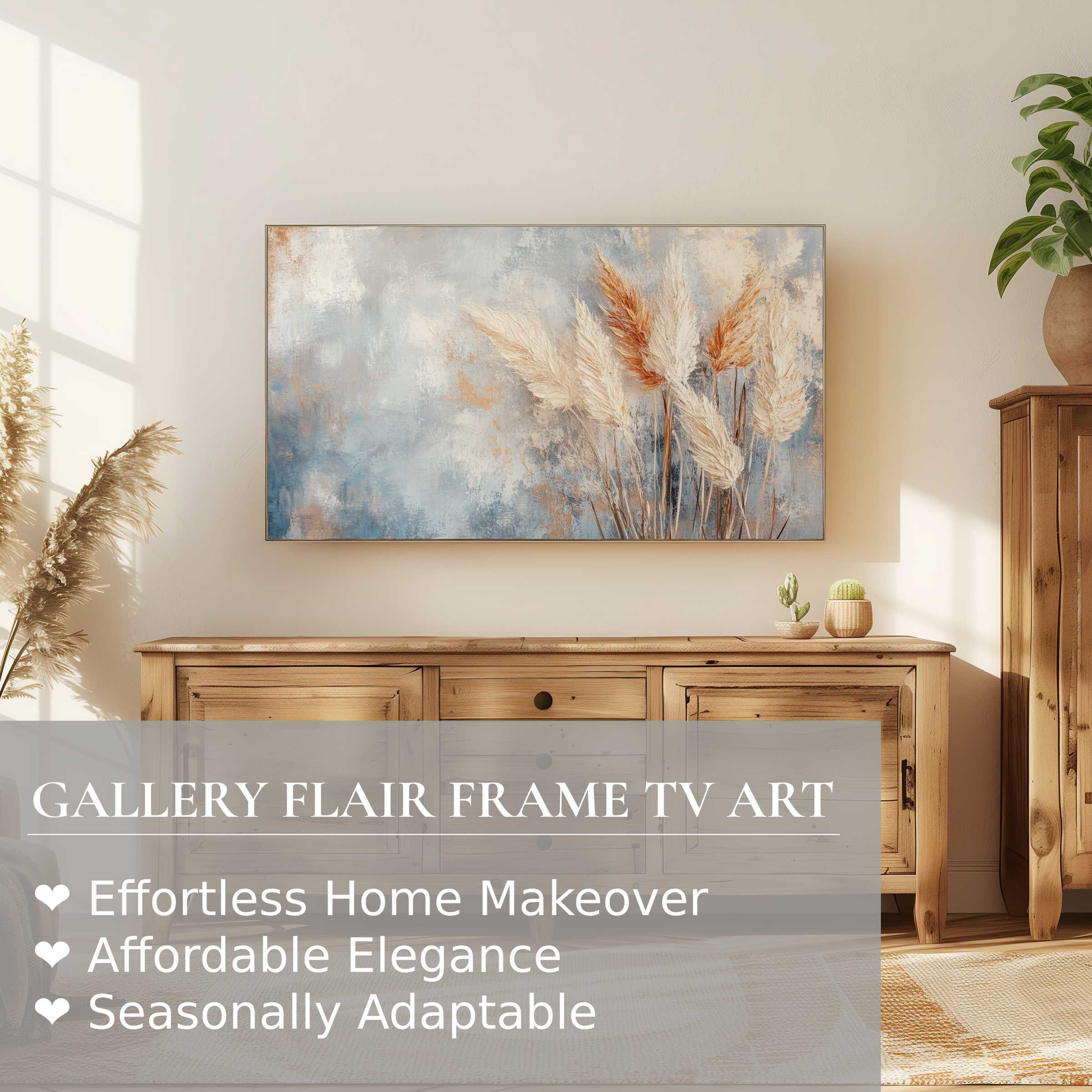 Samsung Frame TV displays elegant boho digital artwork with warm pampas grass in a serene, sunlit living room setting