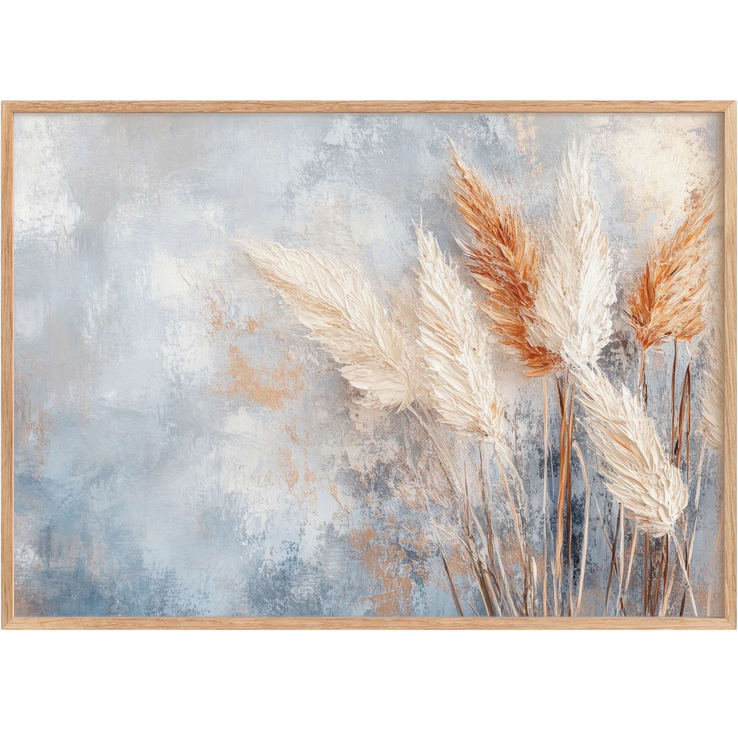 Boho printable wall art with textured pampas grass in warm creams and rust tones, evoking a serene, earthy ambiance