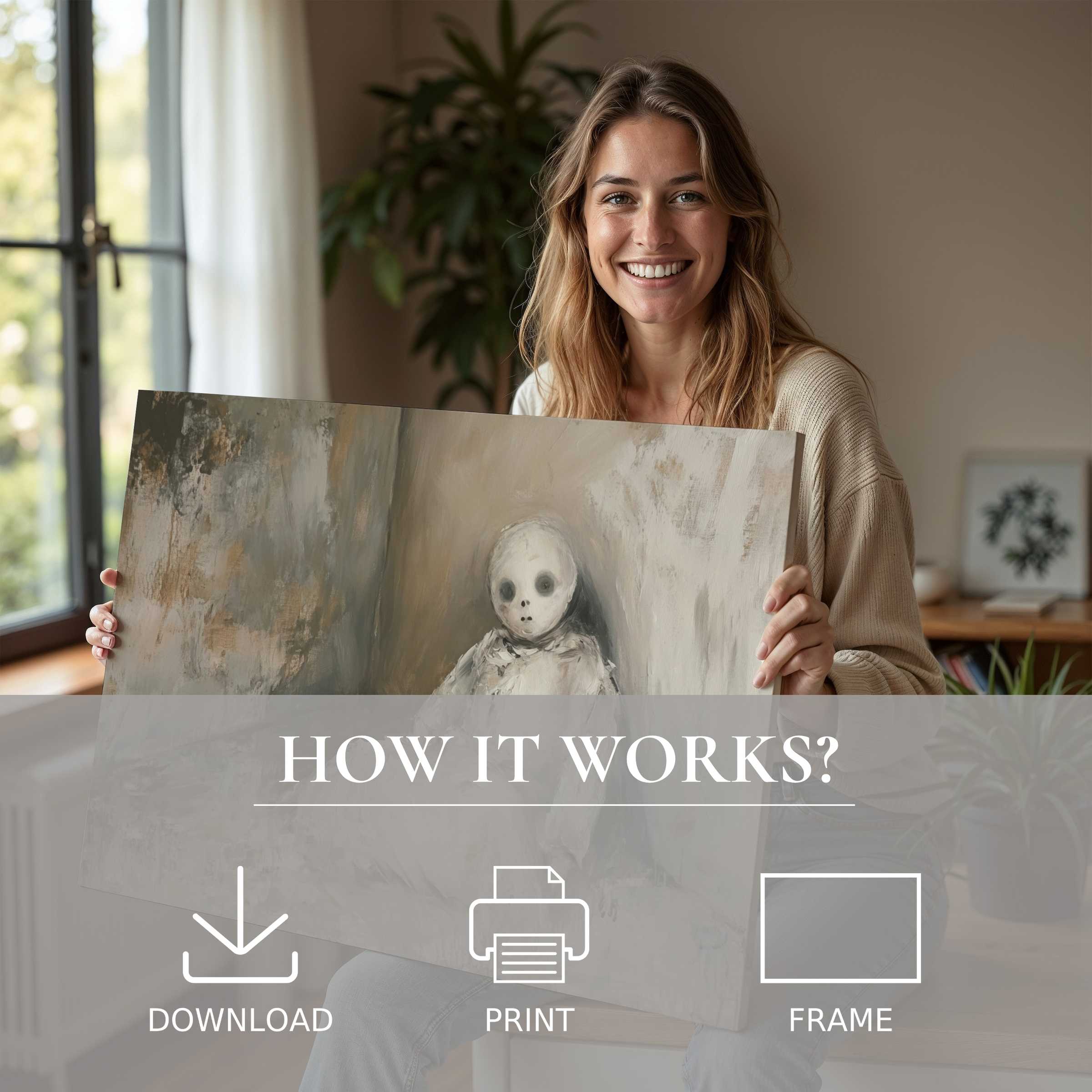 A serene moment of connection with a hauntingly beautiful Halloween digital art print in a stylish, modern home