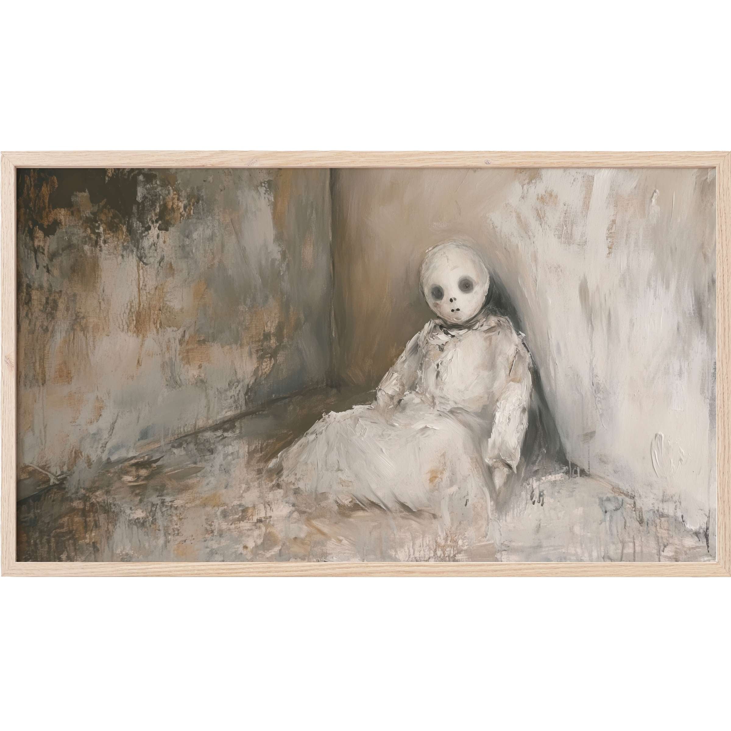 Haunting, muted grays and browns frame a ghostly figure in textured, abstract brushstrokes - halloween Frame TV Art