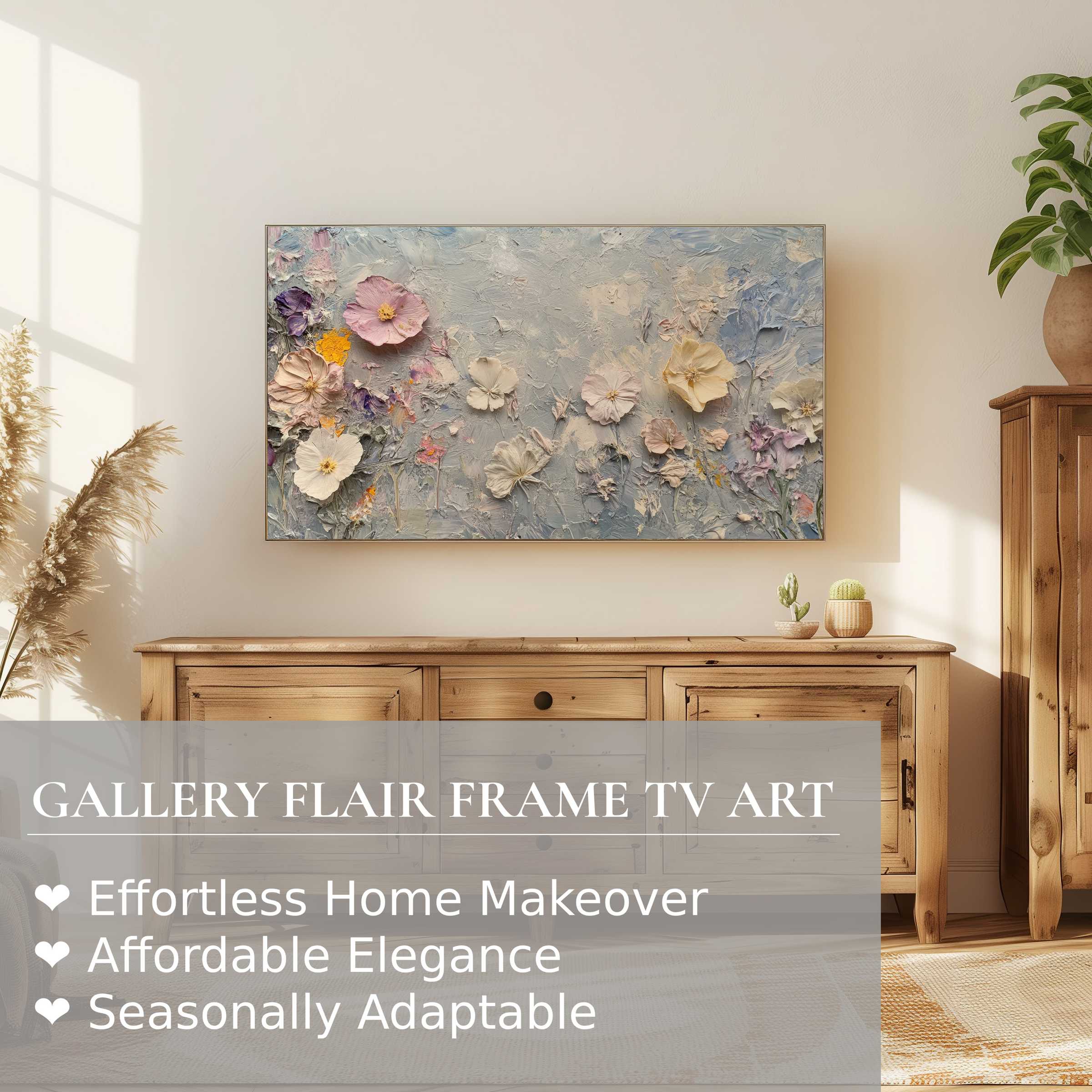 Samsung Frame TV displaying botanical digital artwork in a serene, modern living room with natural wooden decor