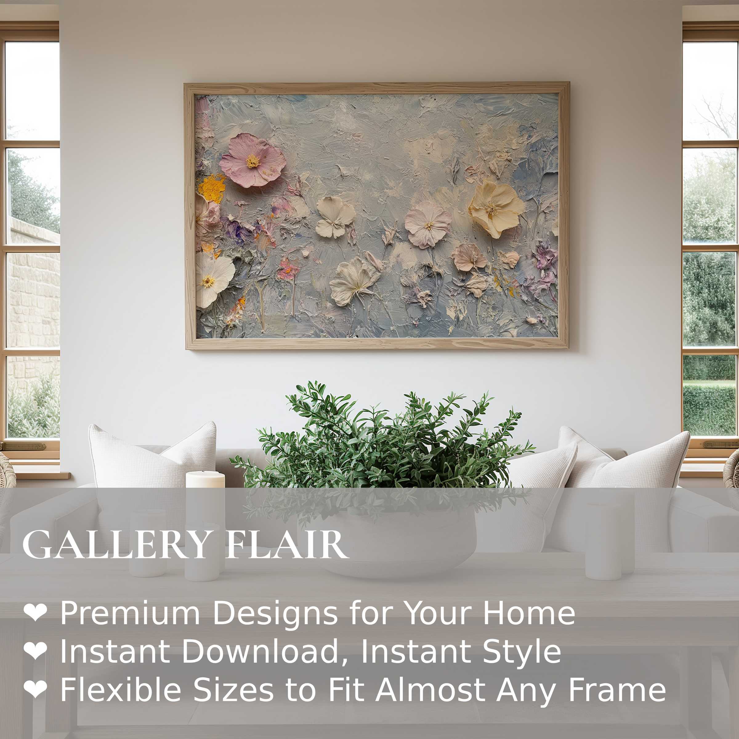 Botanical wall art print featuring textured pastel blooms in a serene, modern living room, enhancing calm minimalist decor