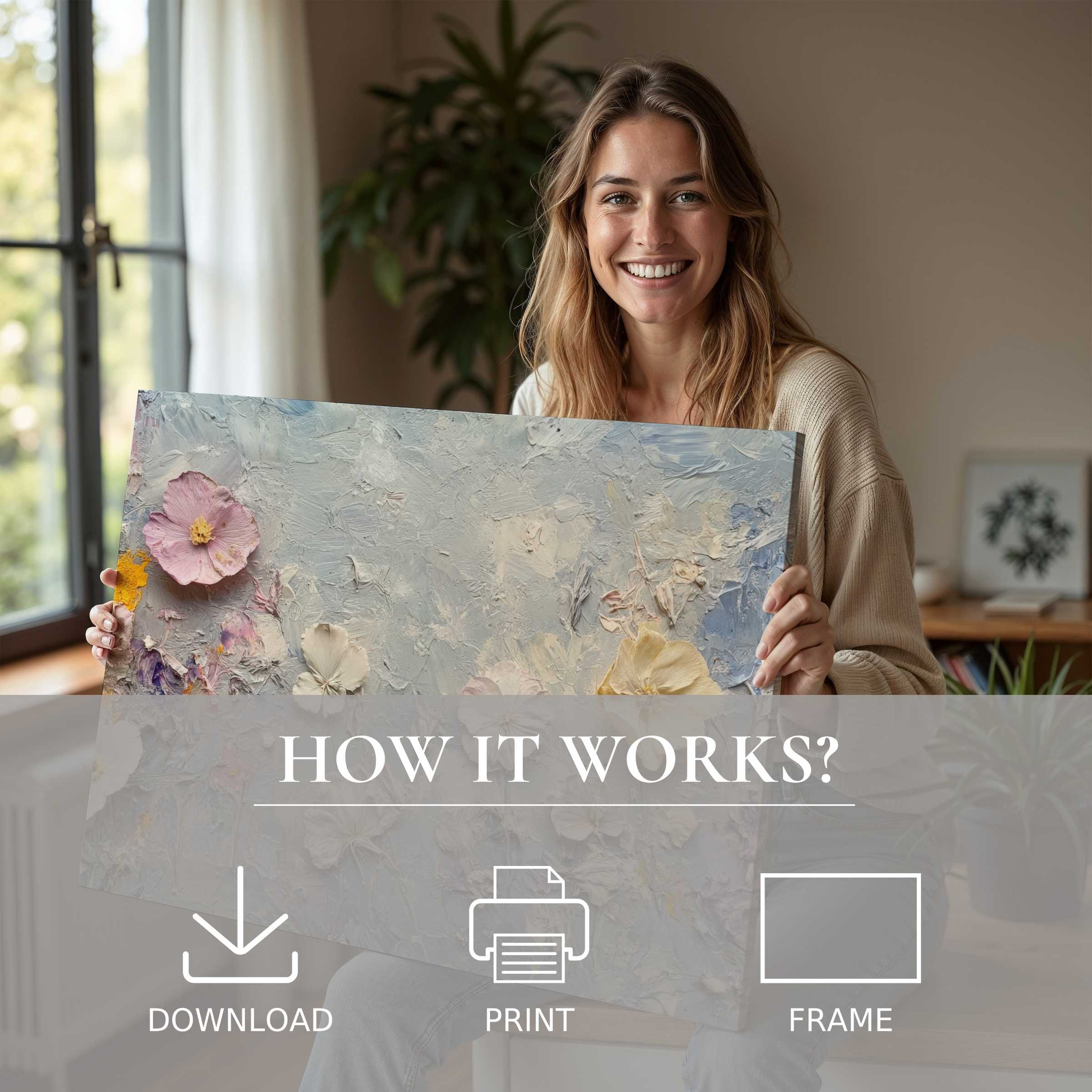 A joyful moment unveiling a botanical digital art print, blending delicate blooms and soft hues in a modern home