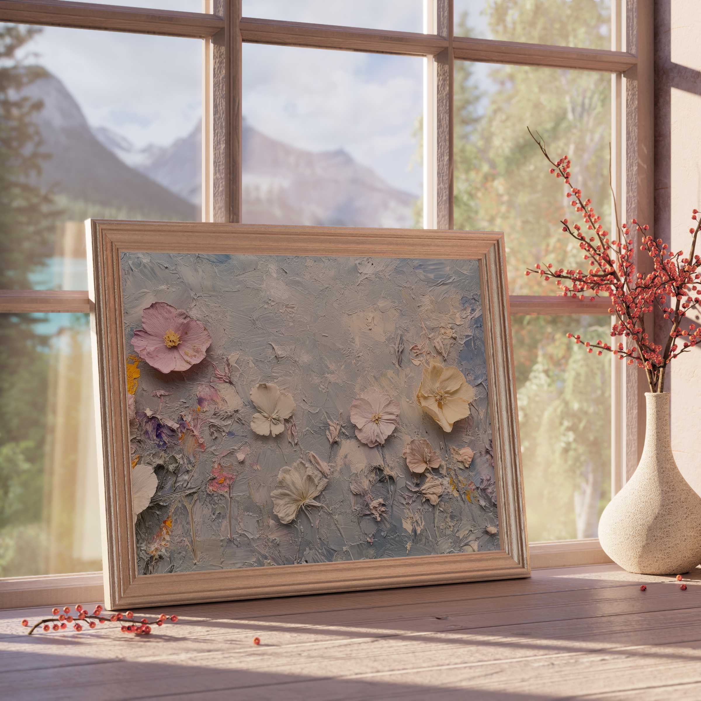 Botanical downloadable art featuring textured pastel blooms, infusing serene warmth and curated elegance into tranquil, design-forward interiors