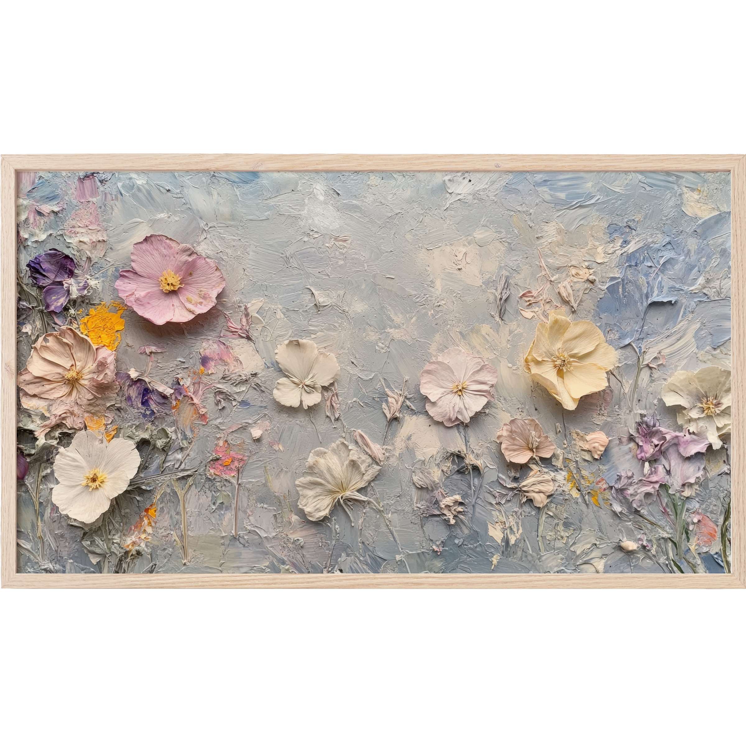 Botanical Frame TV Art featuring textured pastel blooms in soft grays, pinks, and yellows with an elegant modern style