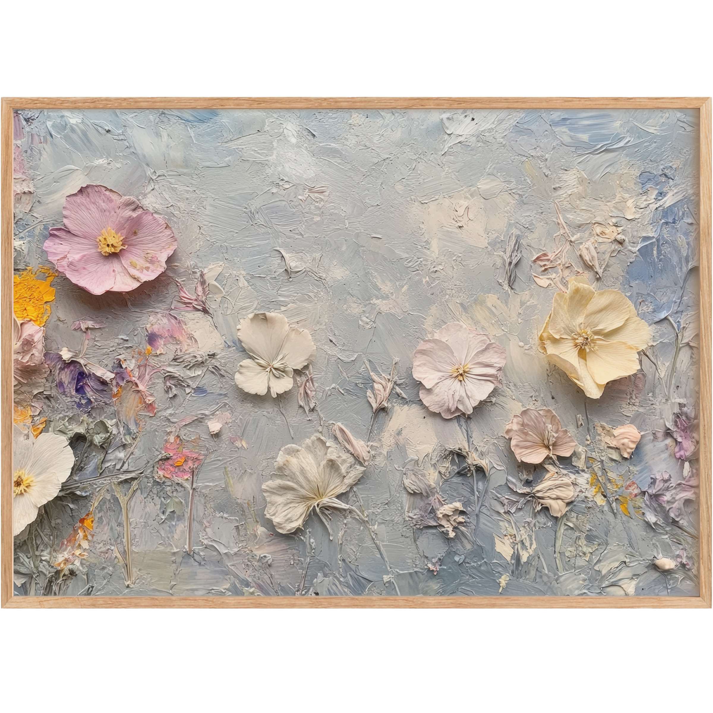 Botanical printable wall art with delicate pastel blooms on soft blue-gray textures, evoking serene elegance and gentle tranquility