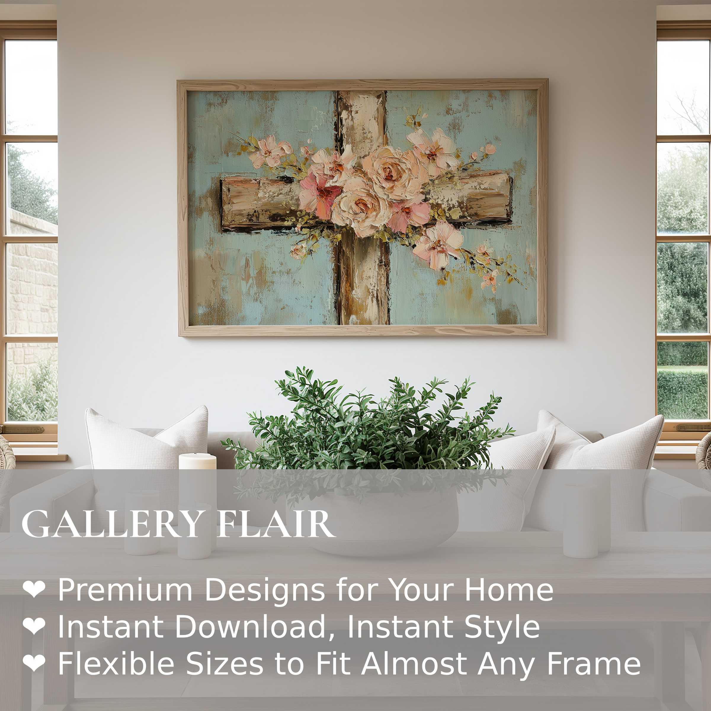 Easter wall art print featuring a rustic wooden cross with soft pink florals, enhancing serene modern farmhouse interiors with timeless elegance