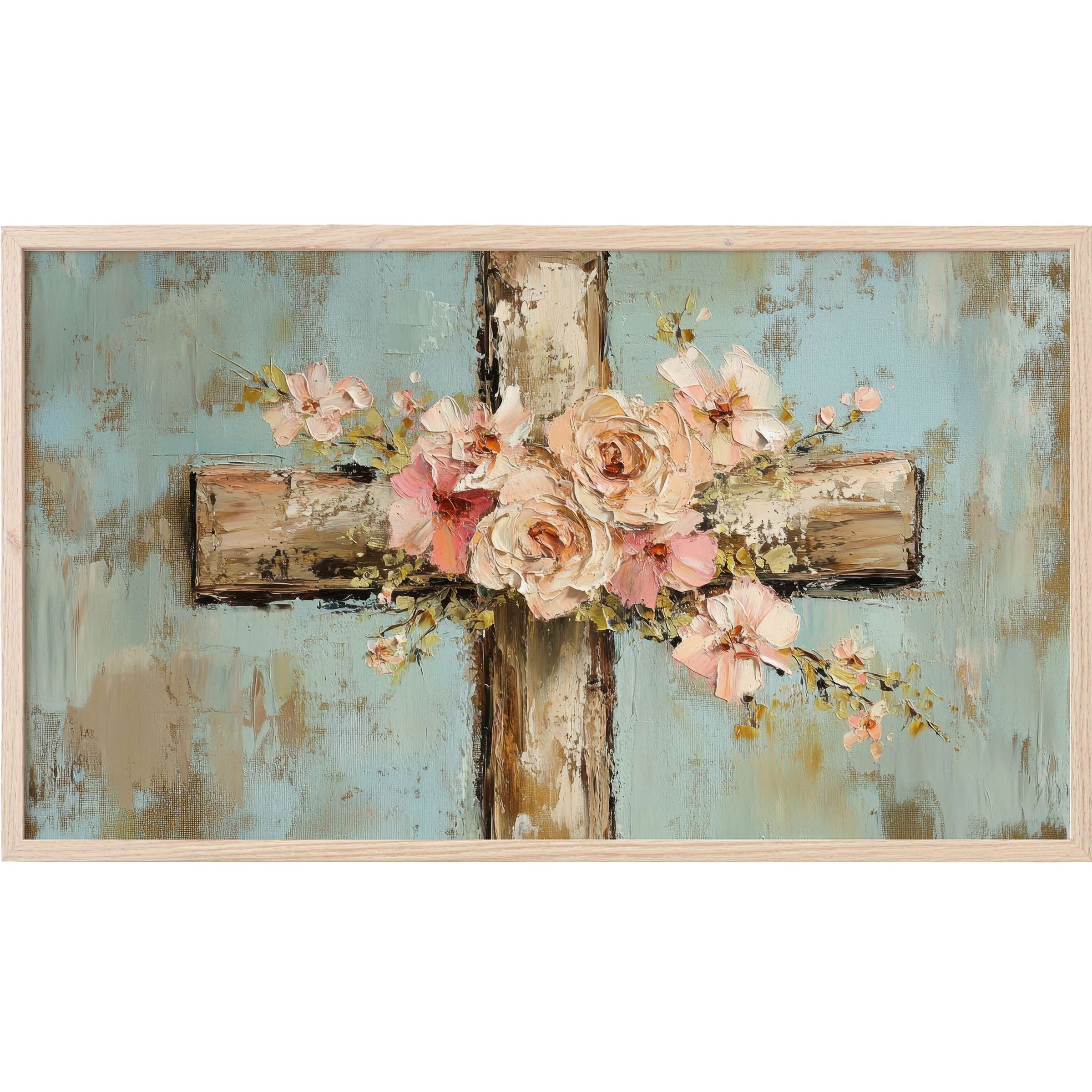 Elegant easter Frame TV Art depicting textured wooden cross with soft pink and cream flowers on muted blue background