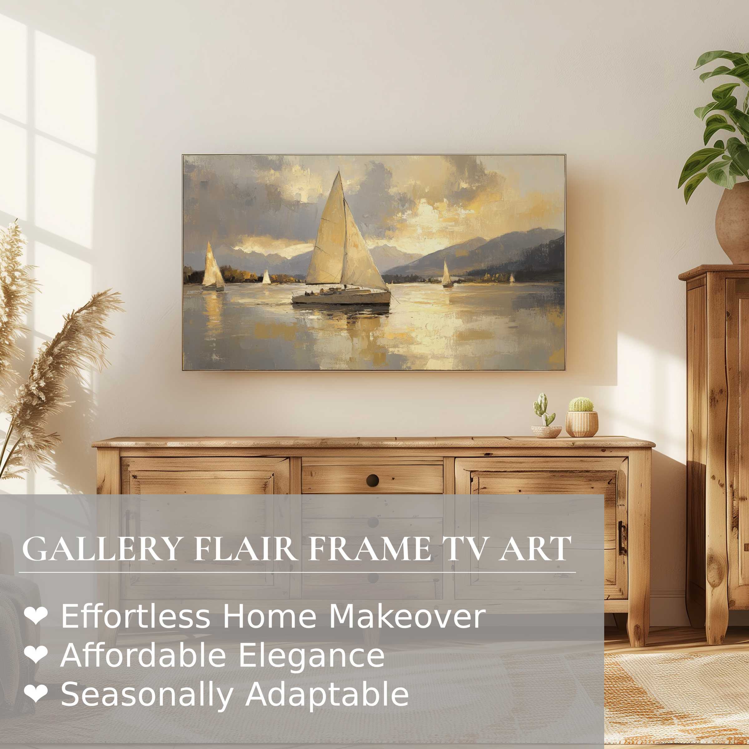 Elegant beach digital artwork with sailboats in muted tones displayed on Samsung Frame TV in modern decor