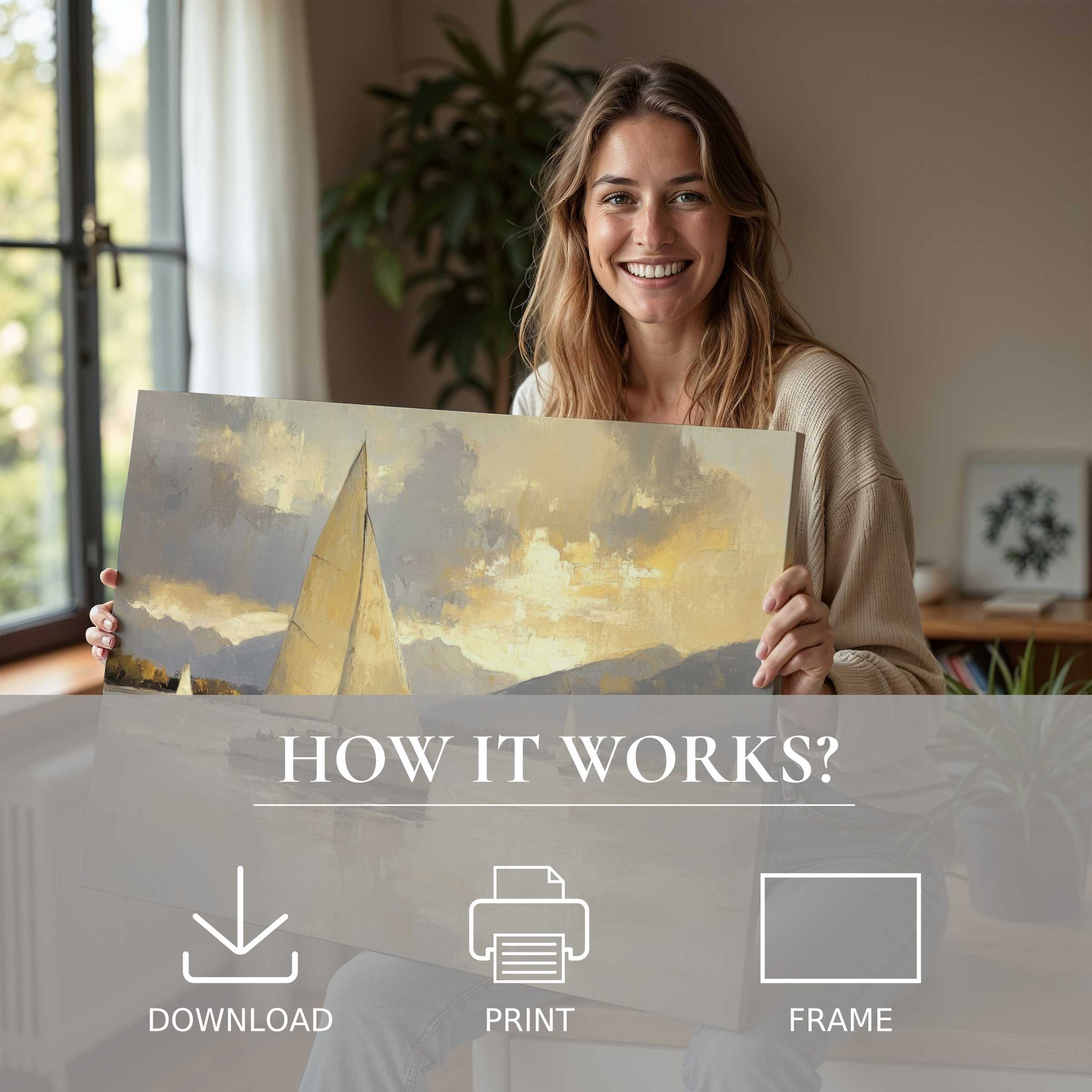 Radiant beach digital art print elevates serene modern interiors, inspiring joy and effortless elegance in curated living spaces