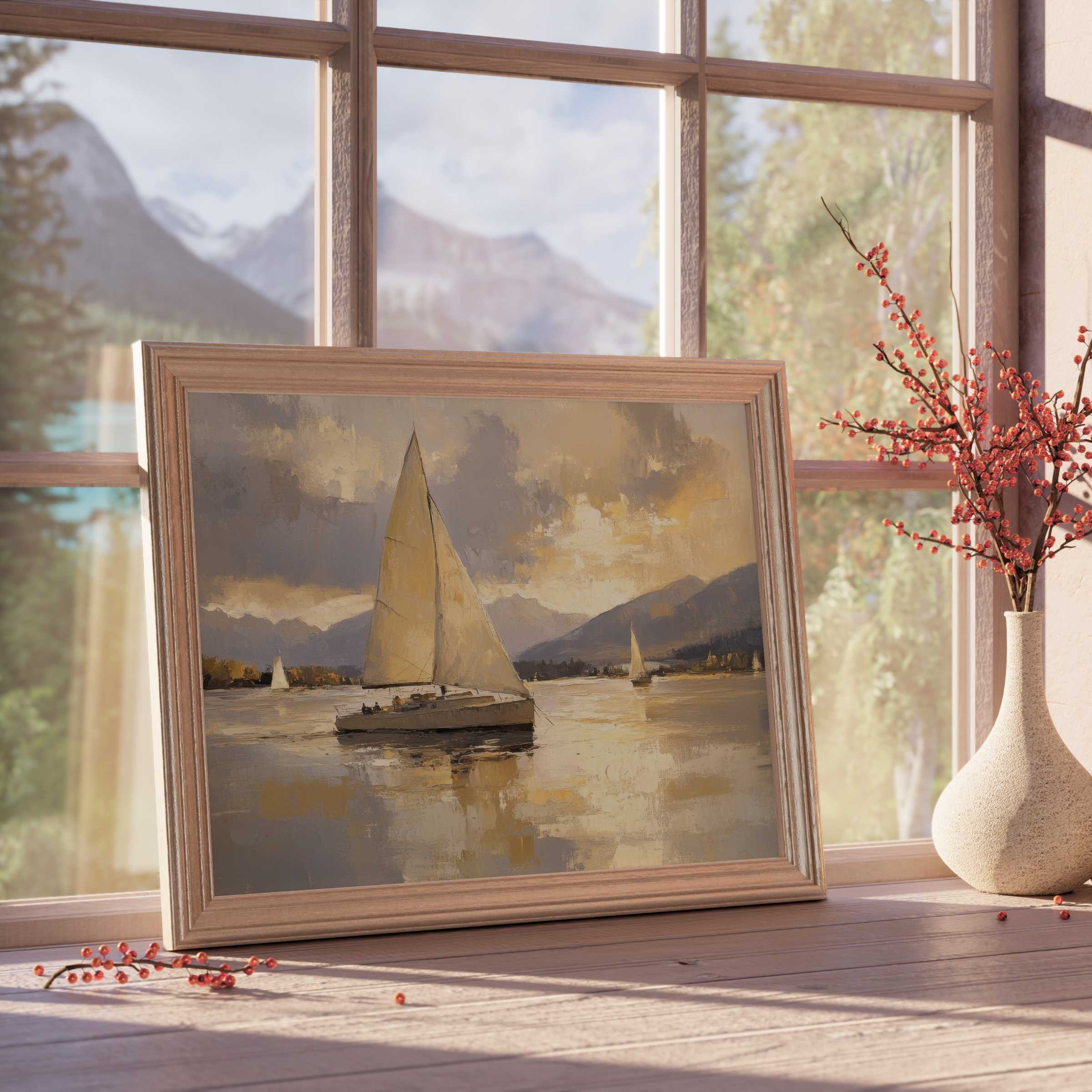 Elegant beach downloadable art capturing serene sailboats gliding at dusk, perfect for tranquil, refined coastal interior styling