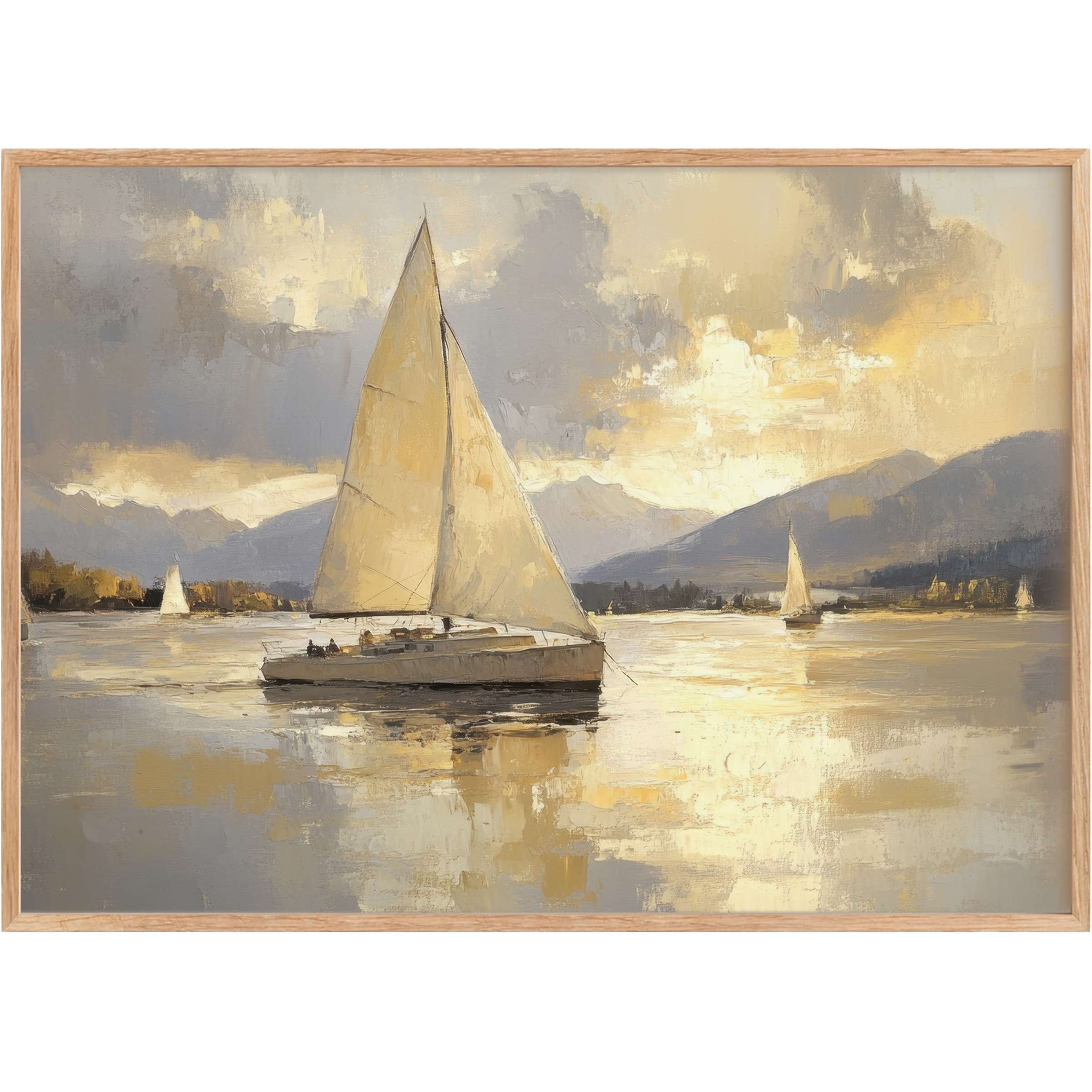 Elegant beach printable wall art capturing serene sailboats on golden waters, evoking a tranquil, sunlit coastal escape