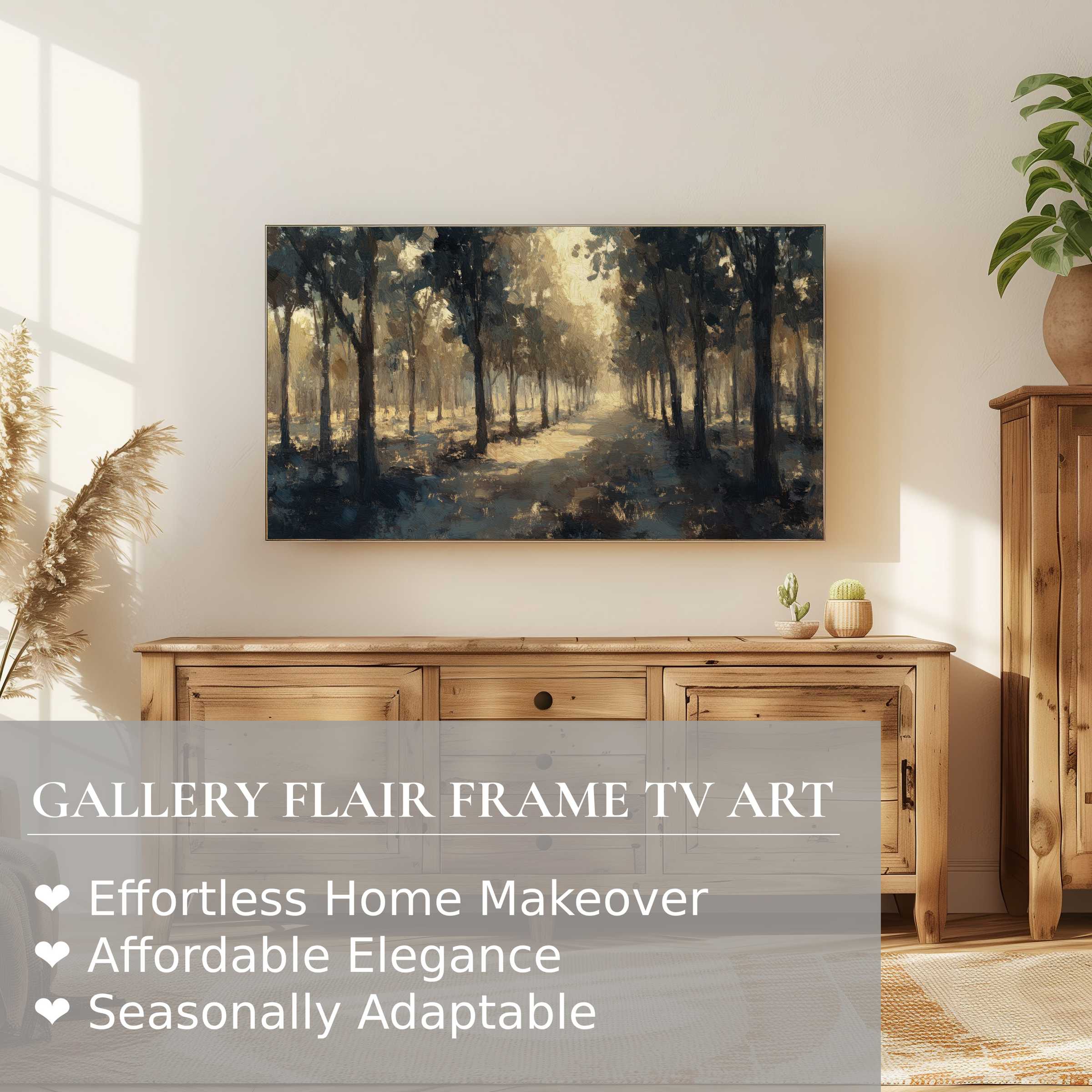 Samsung Frame TV displaying serene, moody tree digital artwork in a warm, minimalist living space with natural wood tones