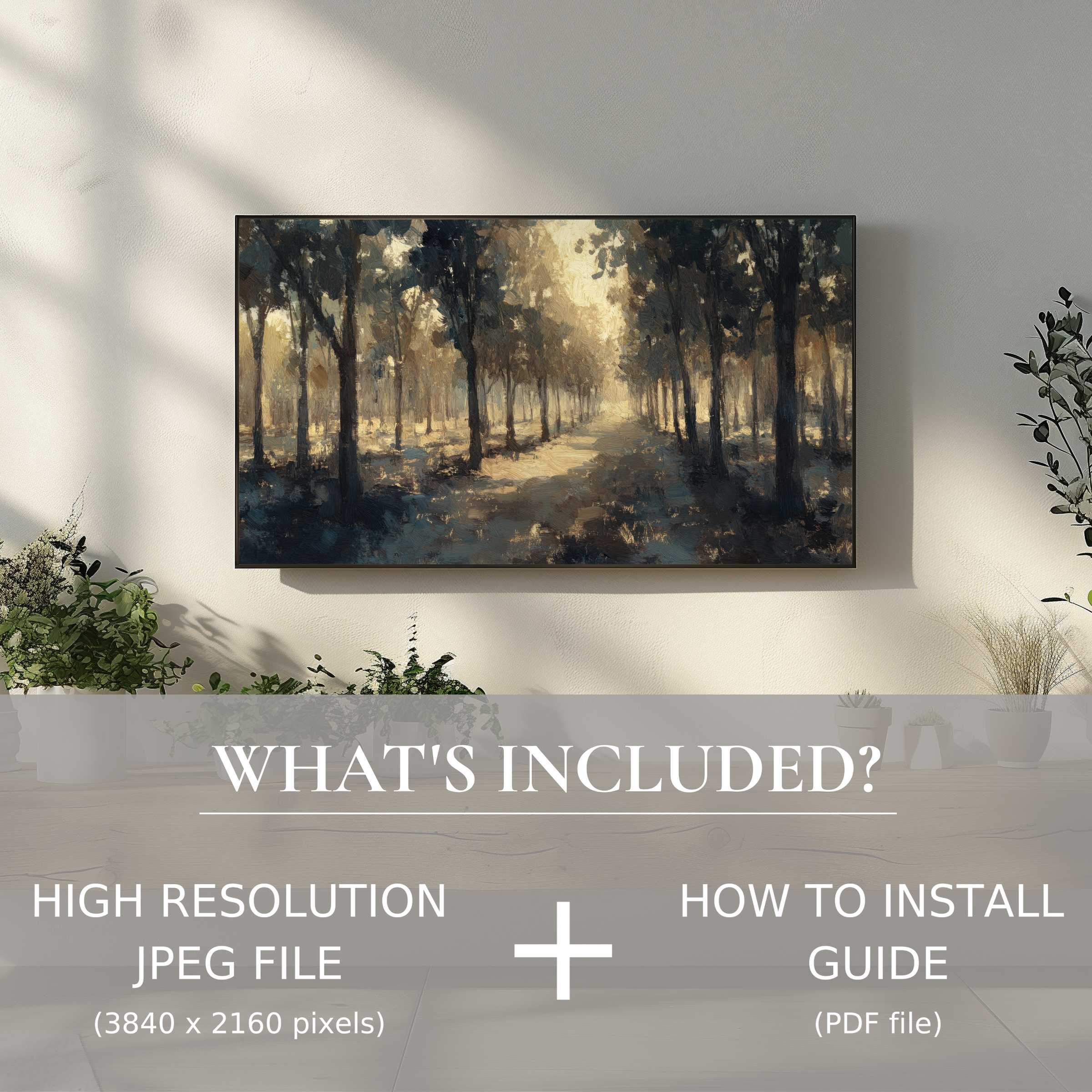 Elegant tree digital TV art download enriches any living space with easy, stylish digital use and serene forest ambiance