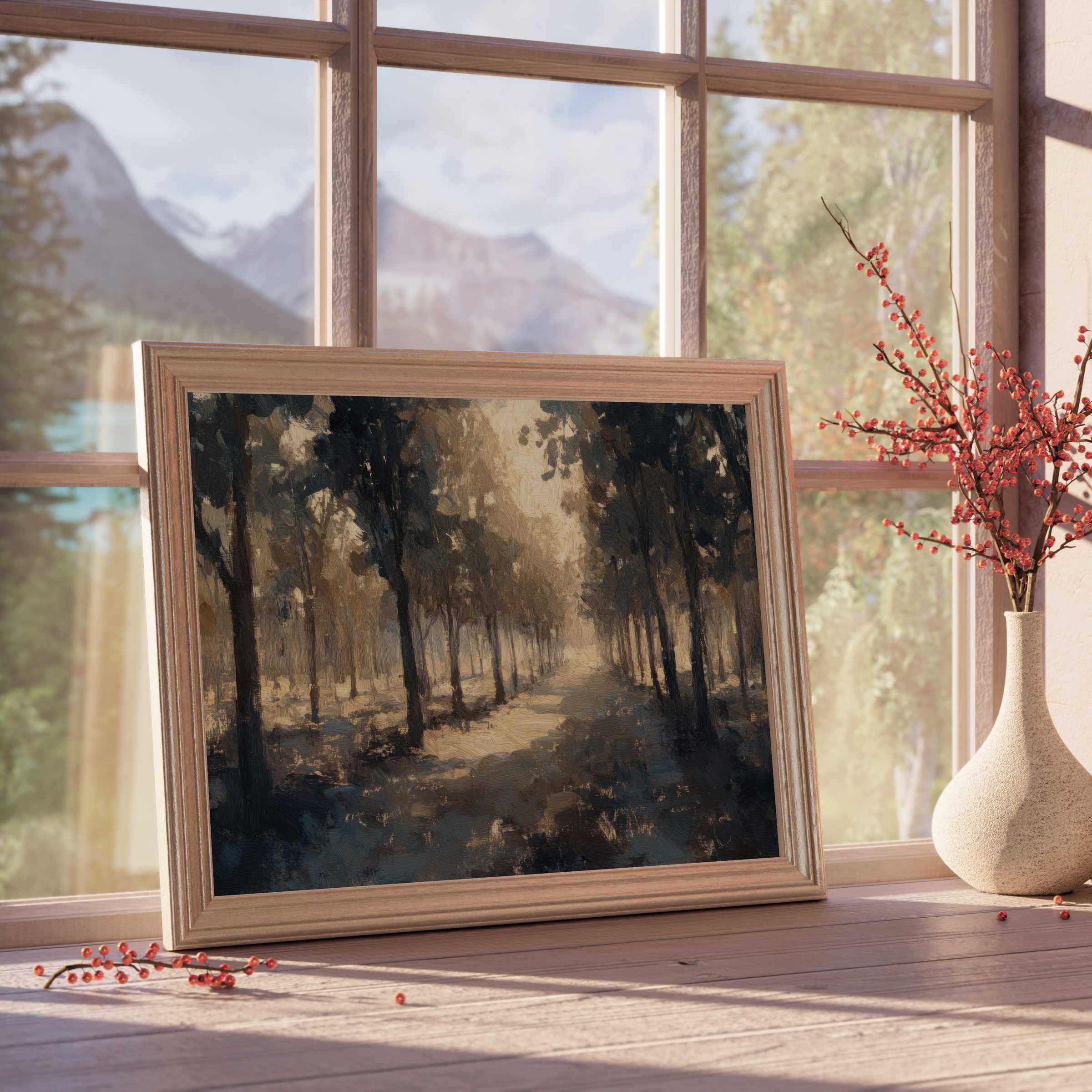 Evoke serene elegance with this tree downloadable art - a moody forest path in warm neutrals, perfect for curated, tranquil interiors