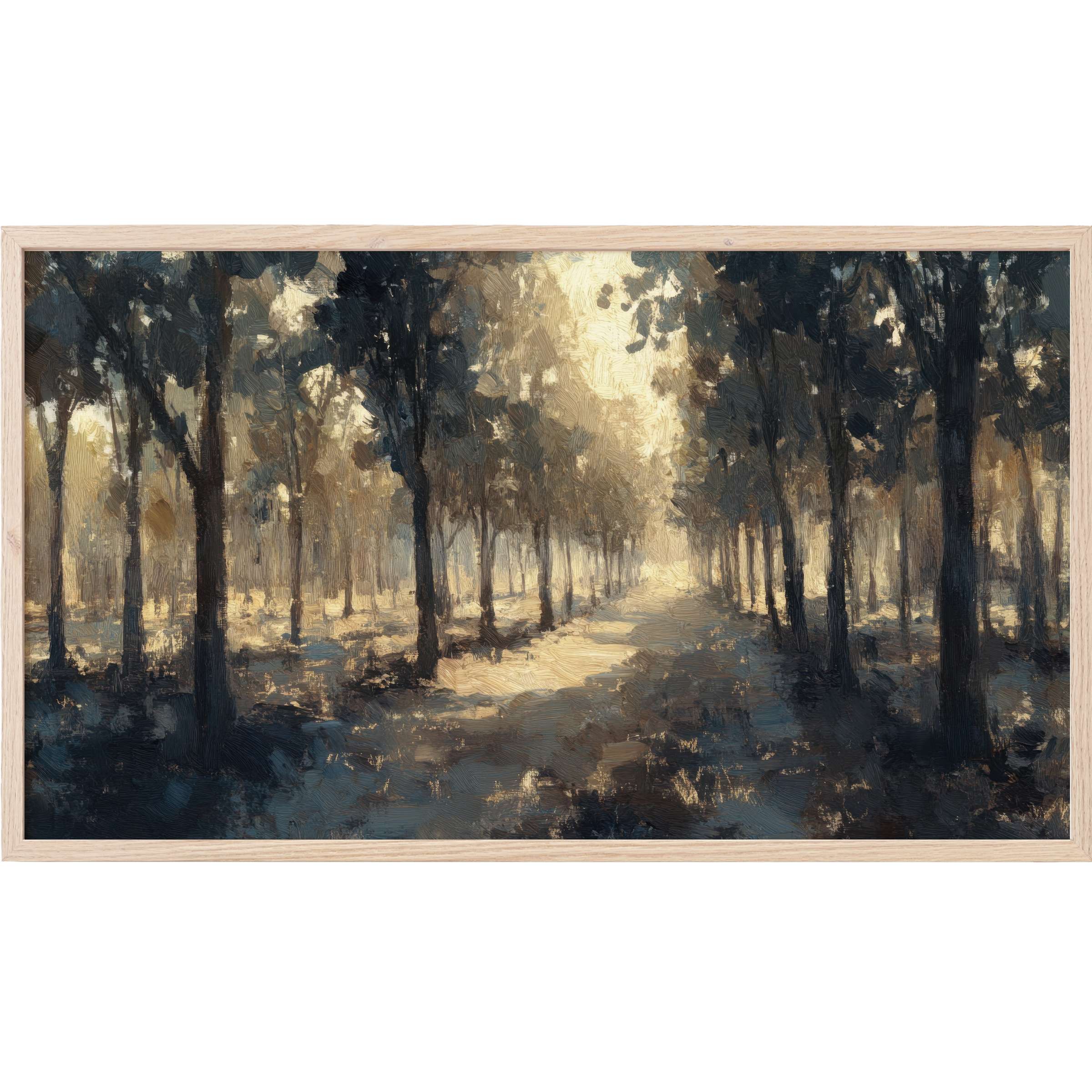 Softly lit forest pathway in muted earth tones with textured brushstrokes, perfect tree Frame TV Art