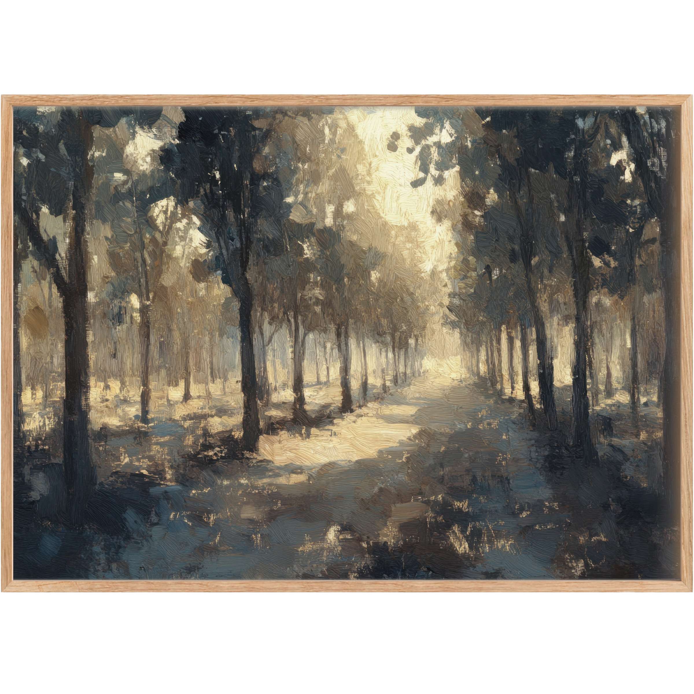 Ethereal tree printable wall art in muted golds and deep blues, casting a serene, timeless glow that enriches elegant living spaces