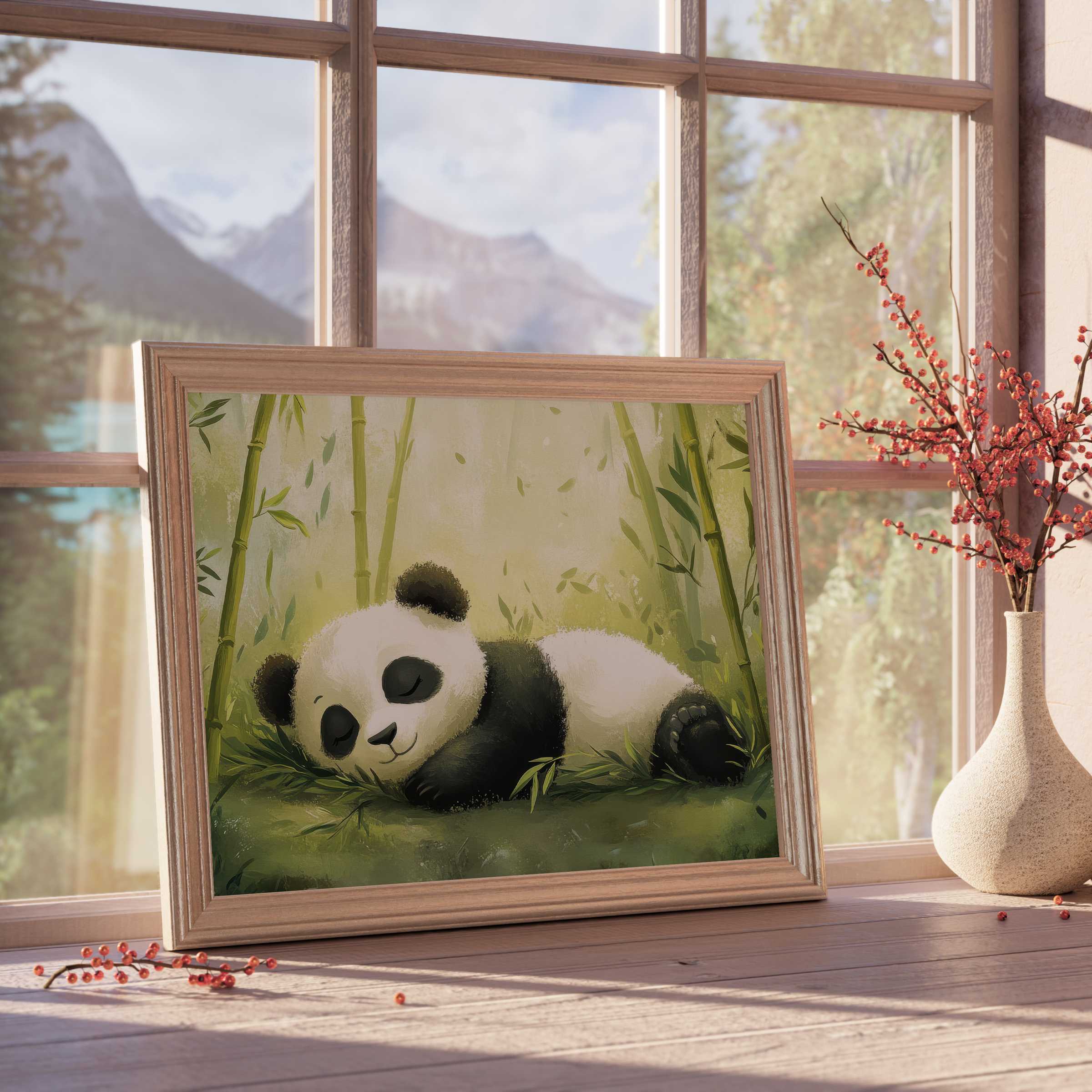 Nursery downloadable art of a serene sleeping panda amid bamboo, elevating tranquil, curated interiors with gentle charm and natural elegance