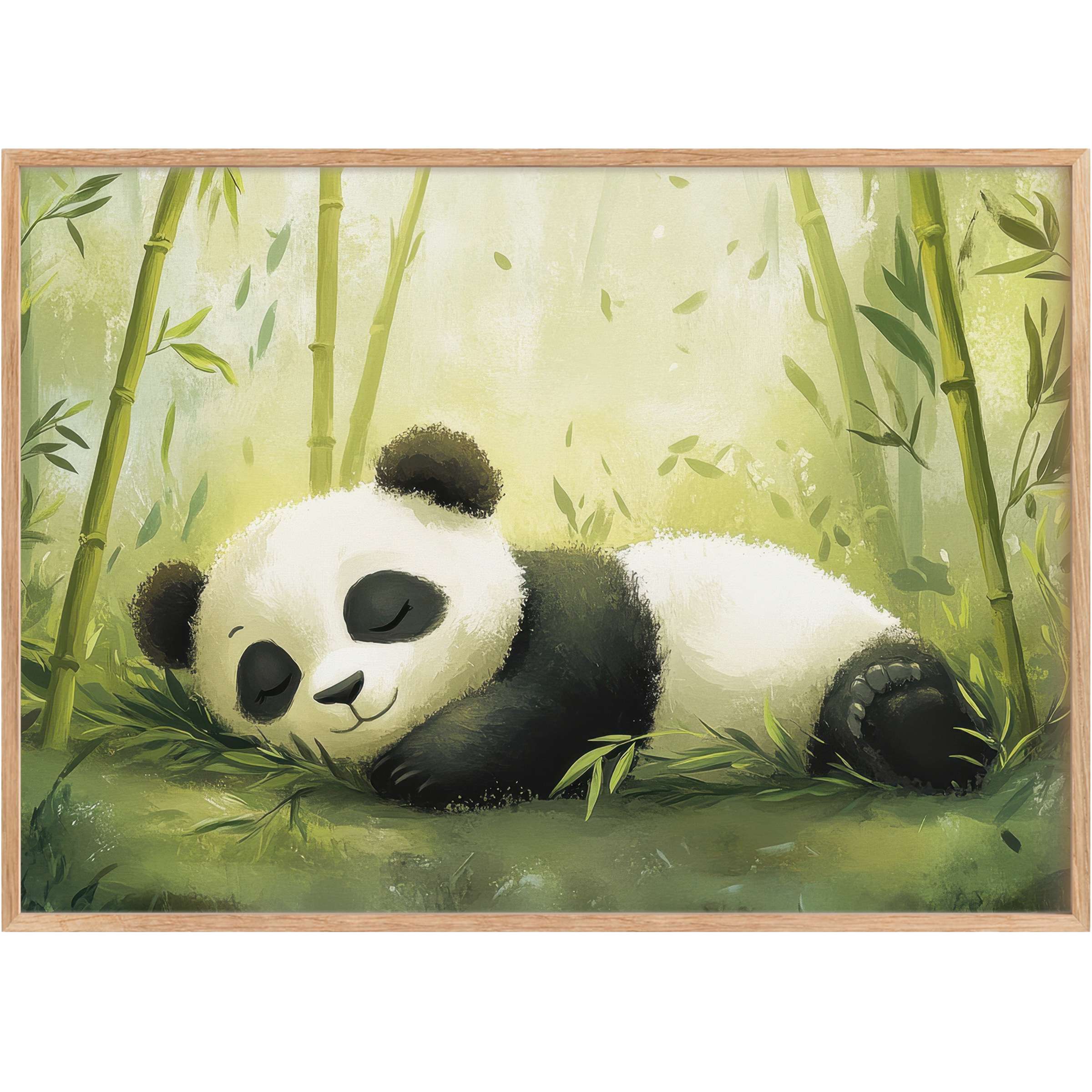 Serene nursery printable wall art featuring a peaceful sleeping panda amid soft green bamboo, evoking calm and gentle harmony