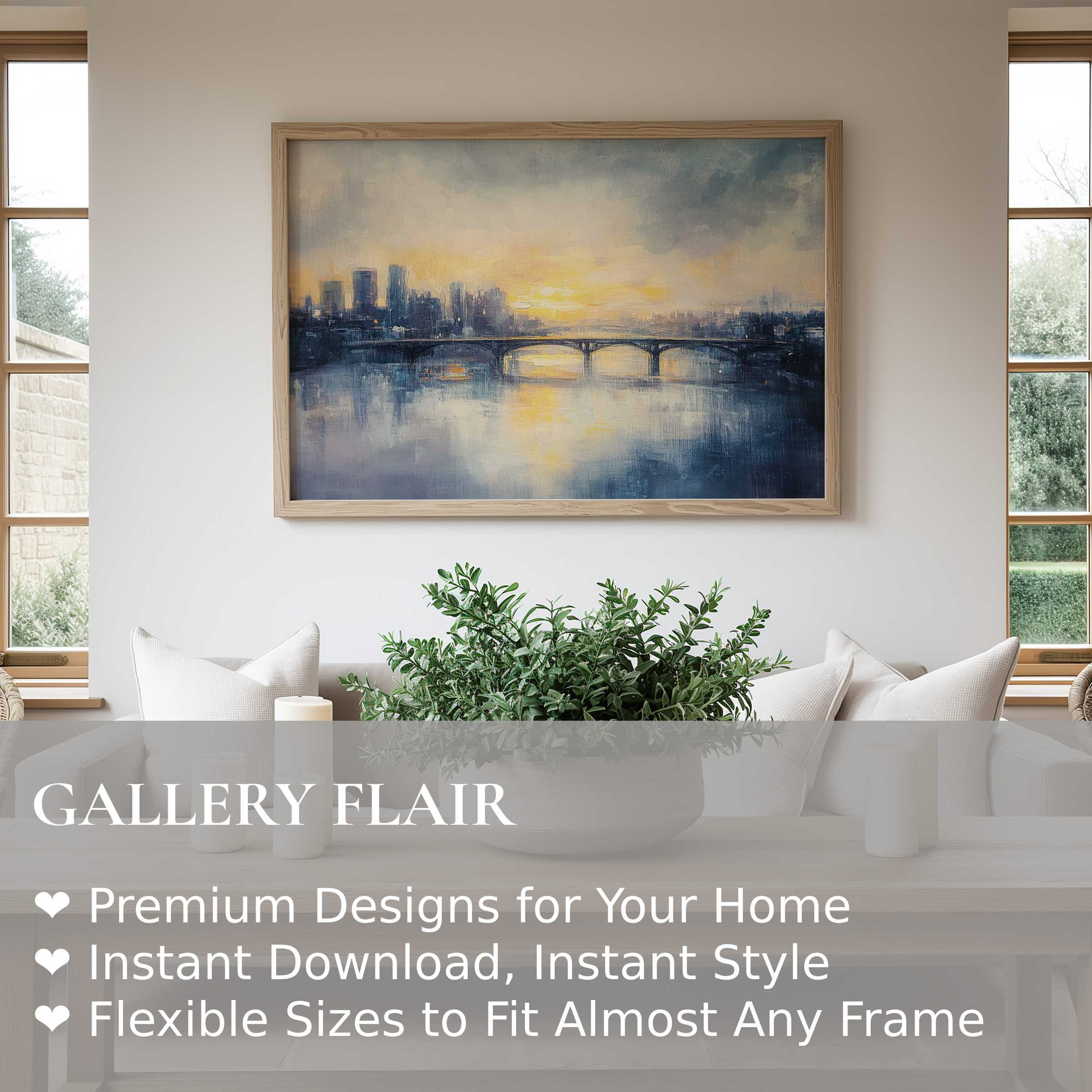 Urban art wall art print capturing a serene cityscape at dusk with soft, radiant light Elevates modern minimalist interiors with calming, elegant sophistication