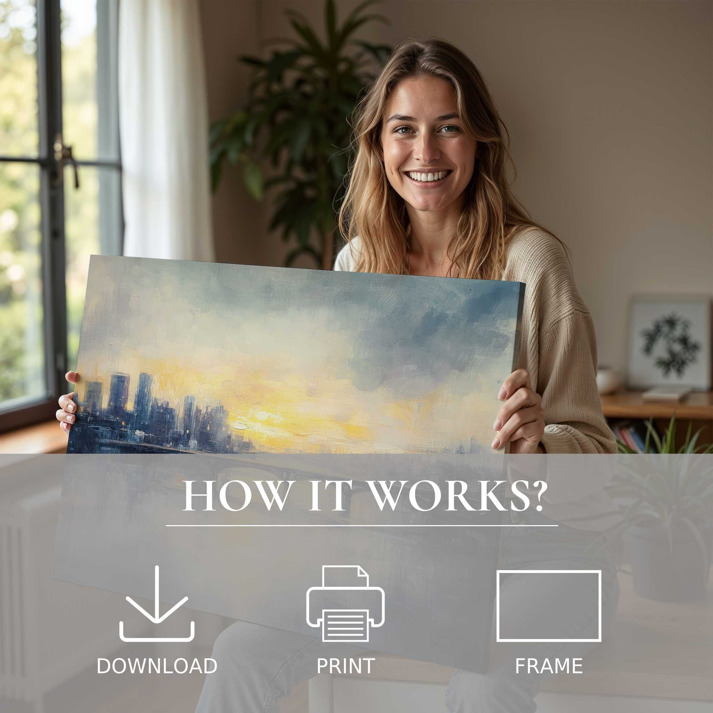 A joyful moment in a serene modern home where urban digital art print uplifts the space with soft, abstract cityscape hues