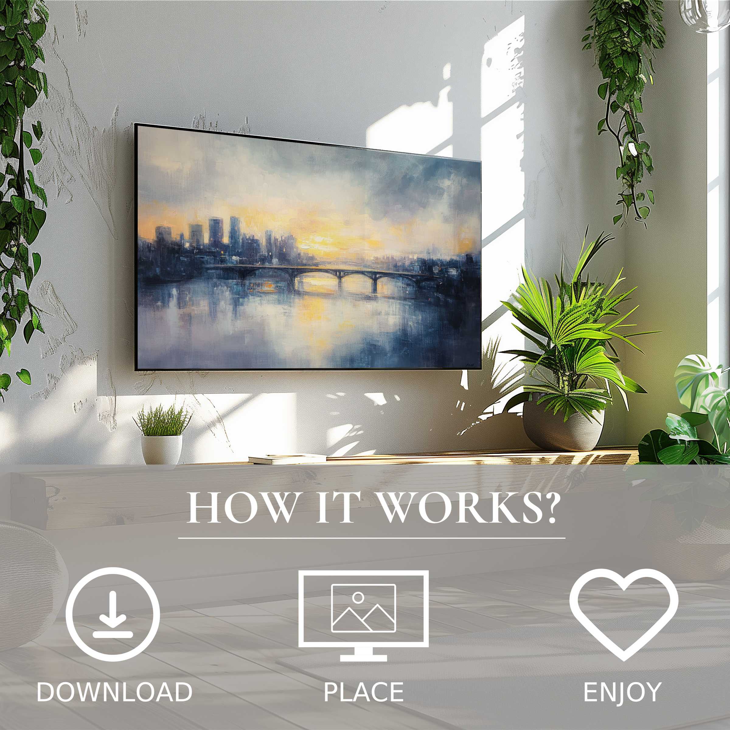 Modern living room with urban art for Samsung TV, soft sunset cityscape, easy digital download enriches space