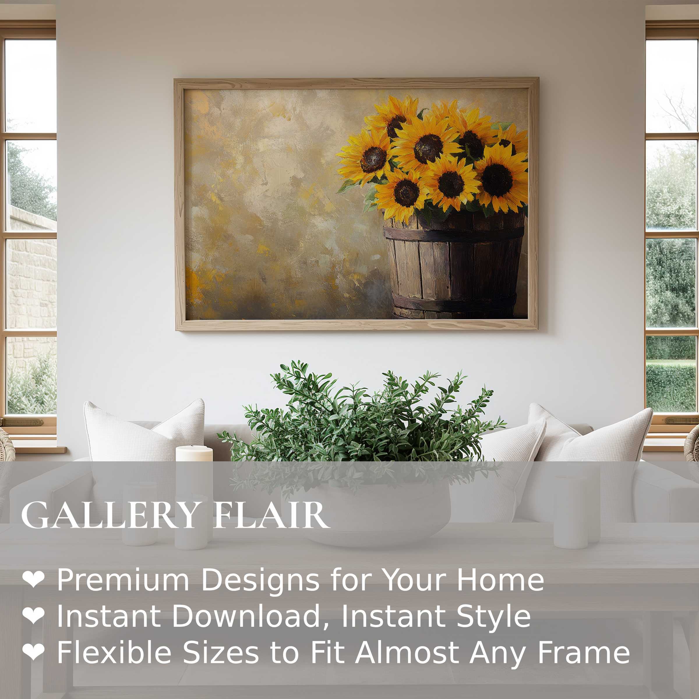 Farmhouse wall art print featuring radiant sunflowers in a rustic wooden bucket, enhancing bright modern farmhouse interiors