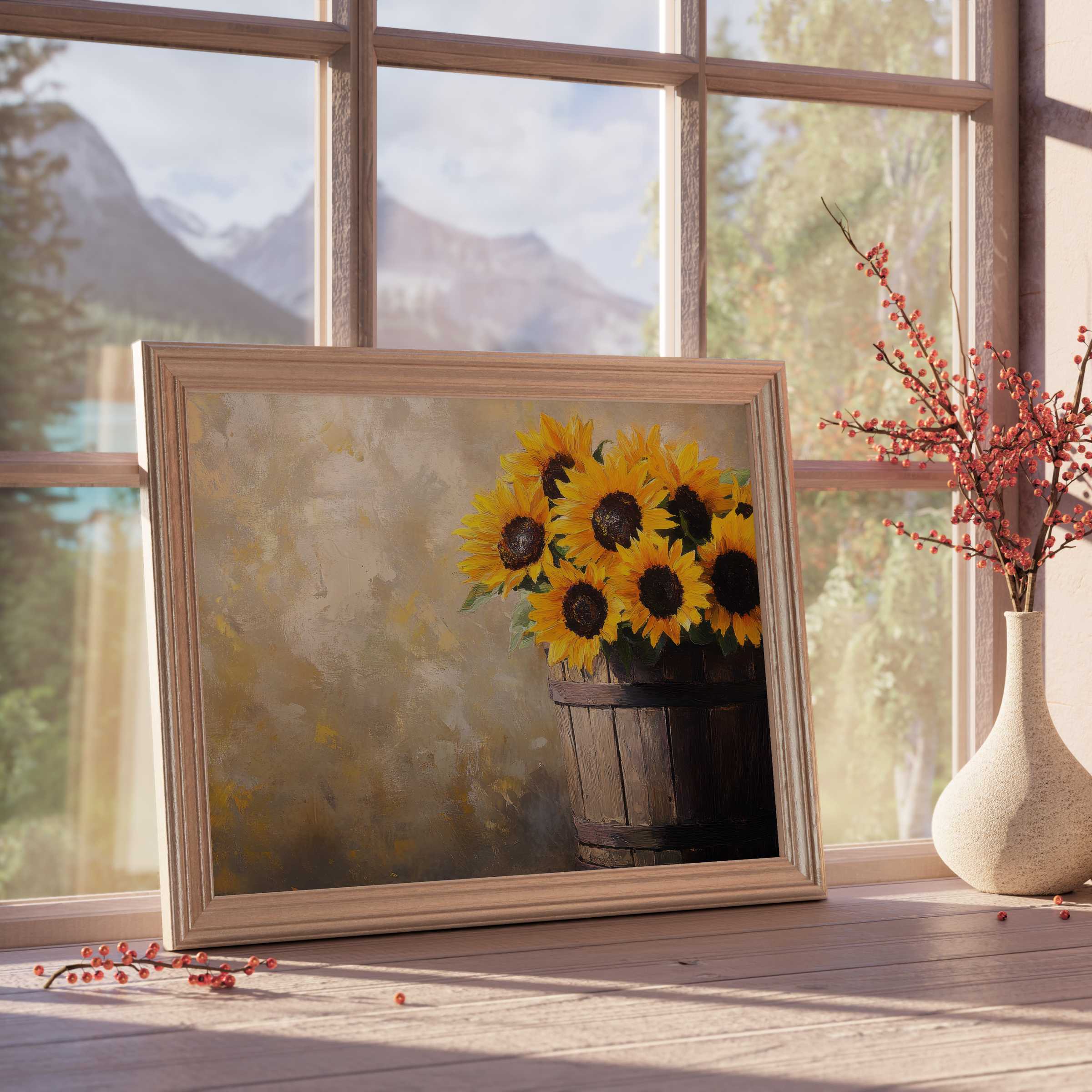 Farmhouse downloadable art features radiant sunflowers in a rustic wooden basket, infusing tranquil, sunlit interiors with warm, natural elegance