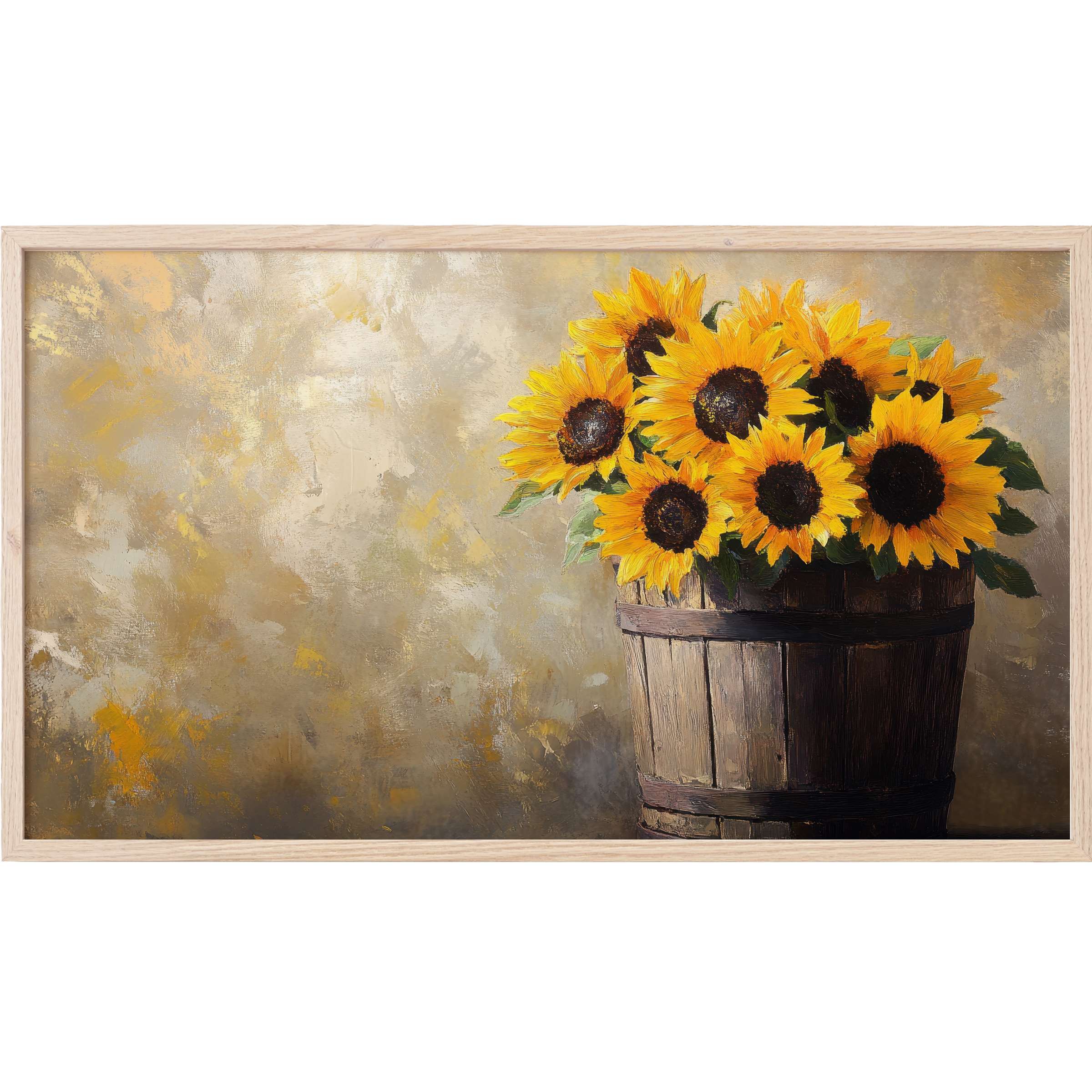 Farmhouse Frame TV Art with vibrant sunflowers in rustic wooden bucket against textured warm beige tones