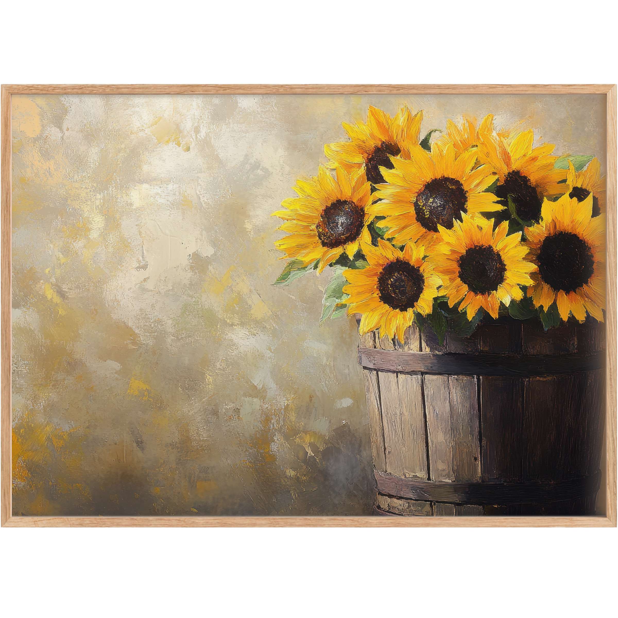 Bright yellow sunflowers burst from a rustic wooden basket, infusing any space with warm, inviting charm-farmhouse printable wall art