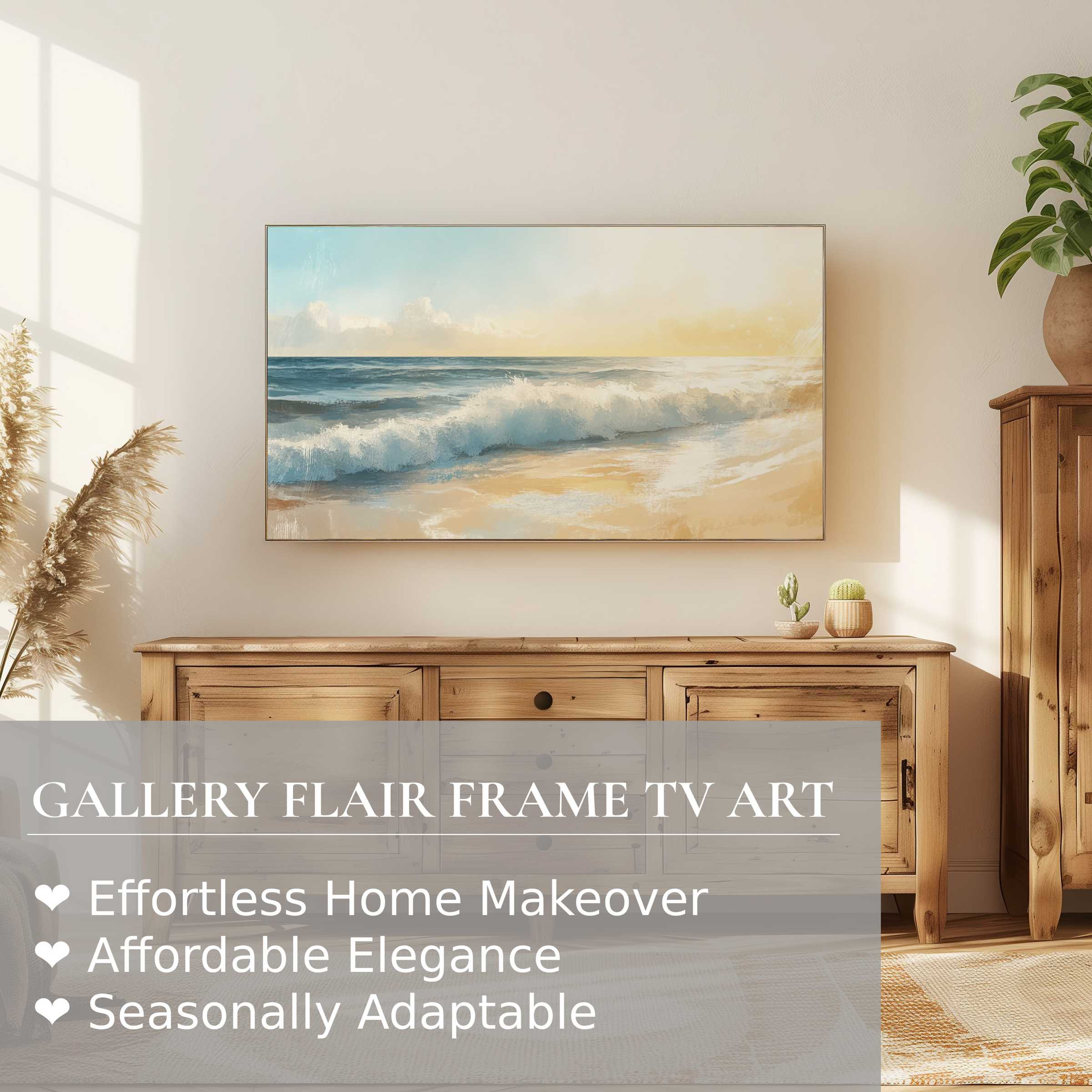 Modern coastal scene in warm hues on Samsung Frame TV, a refined summer digital artwork for elegant spaces