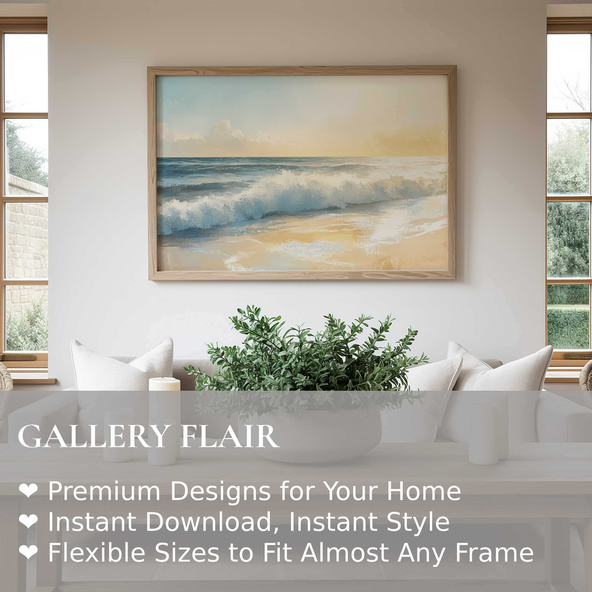 Summer wall art print capturing a radiant ocean wave, enhancing serene coastal interiors with soft, calming beach vibes
