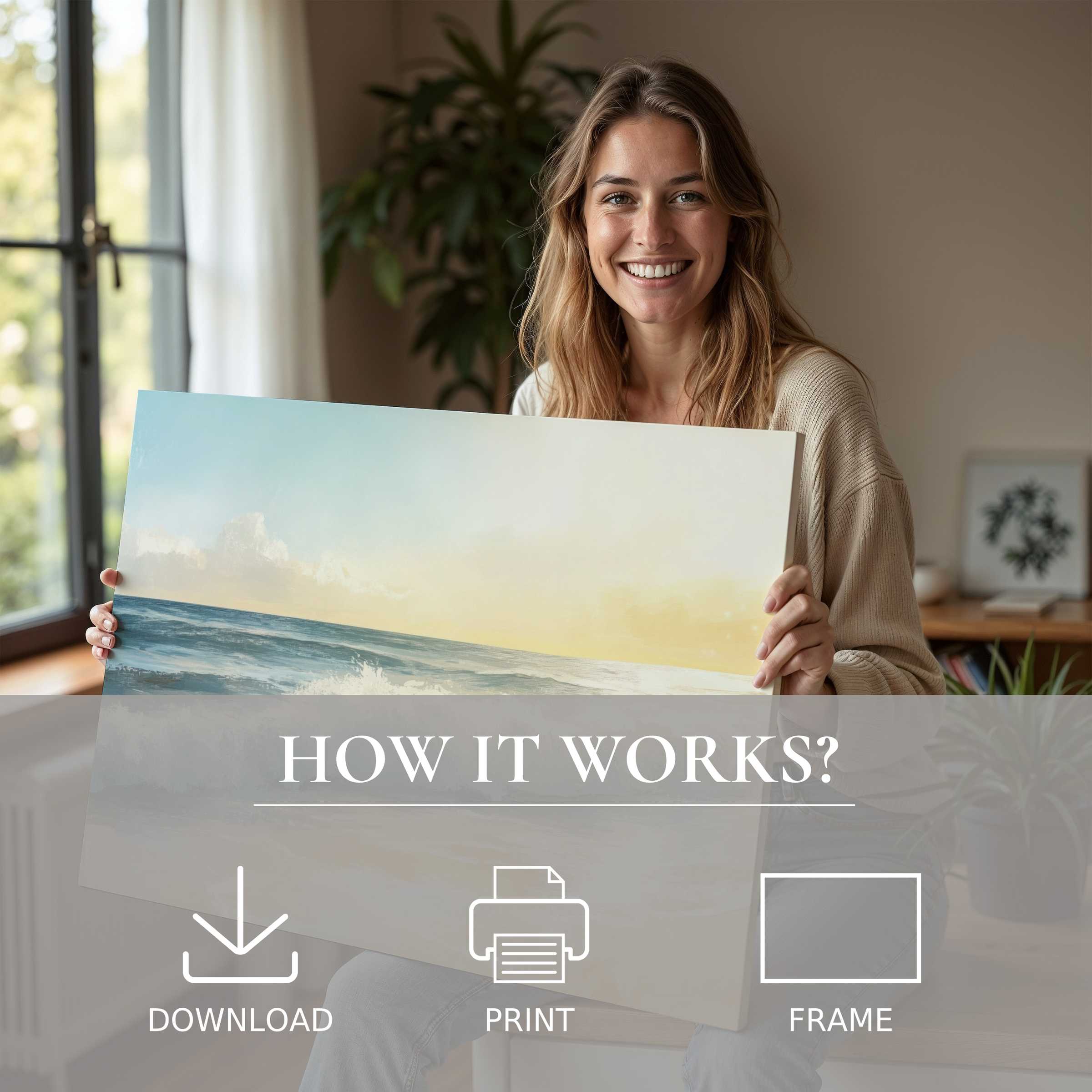 A radiant moment of connection in a stylish home, where a serene summer digital art print transforms space with effortless elegance