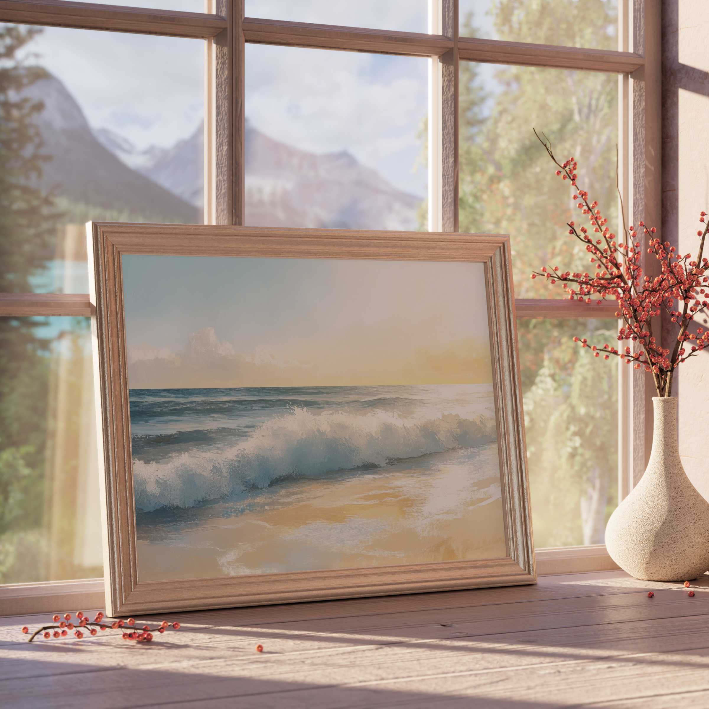 Summer downloadable art capturing serene ocean waves at golden hour, perfect for elevating minimalist, tranquil interiors with coastal charm