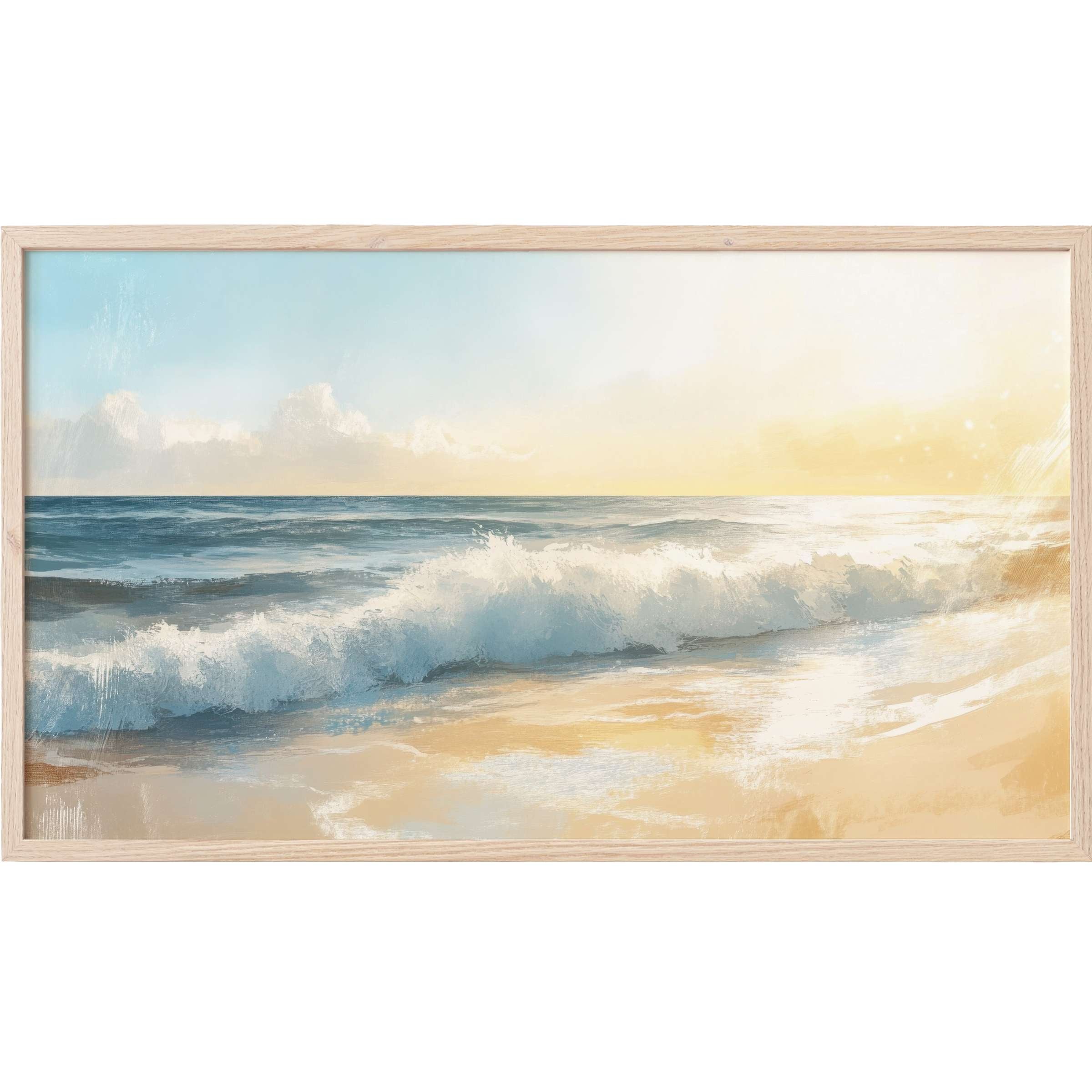 Elegant seascape with soft blues and golden hues, capturing light waves in serene summer Frame TV Art