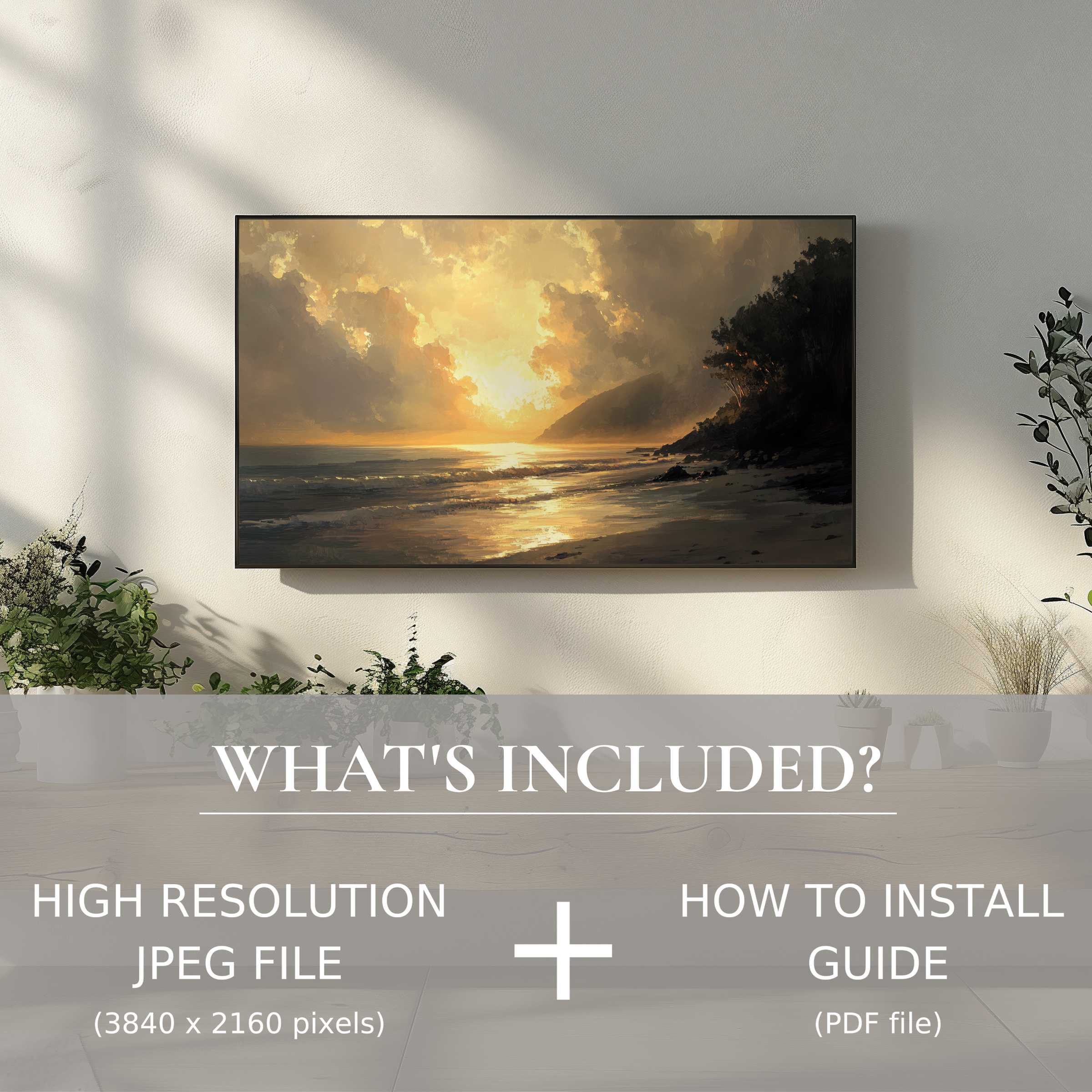 Elegant landscape digital TV art download, enhances living space with easy digital use and warm sunset tones