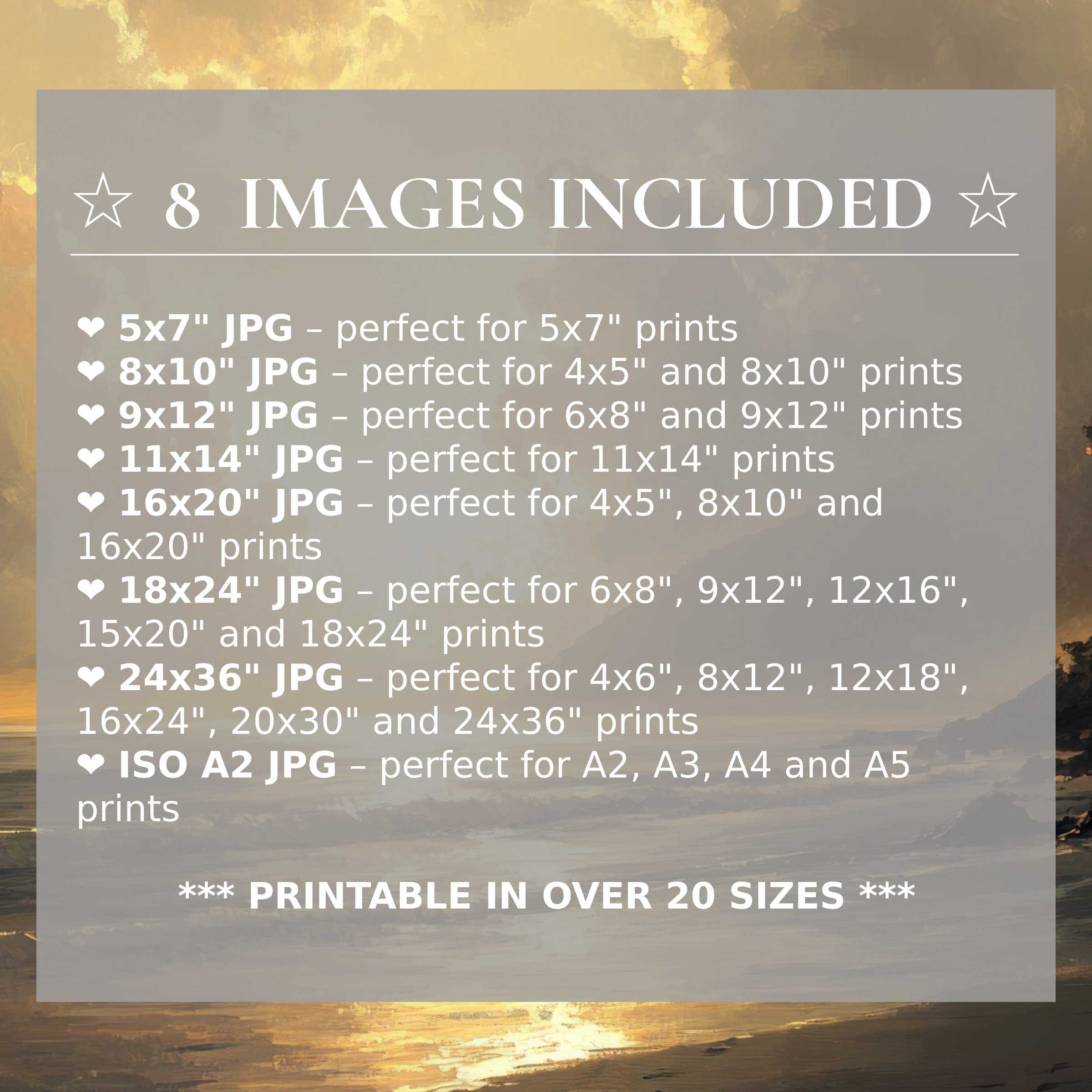 Radiant landscape digital print in warm golds and muted grays, included in 8 high-quality sizes for refined modern interiors